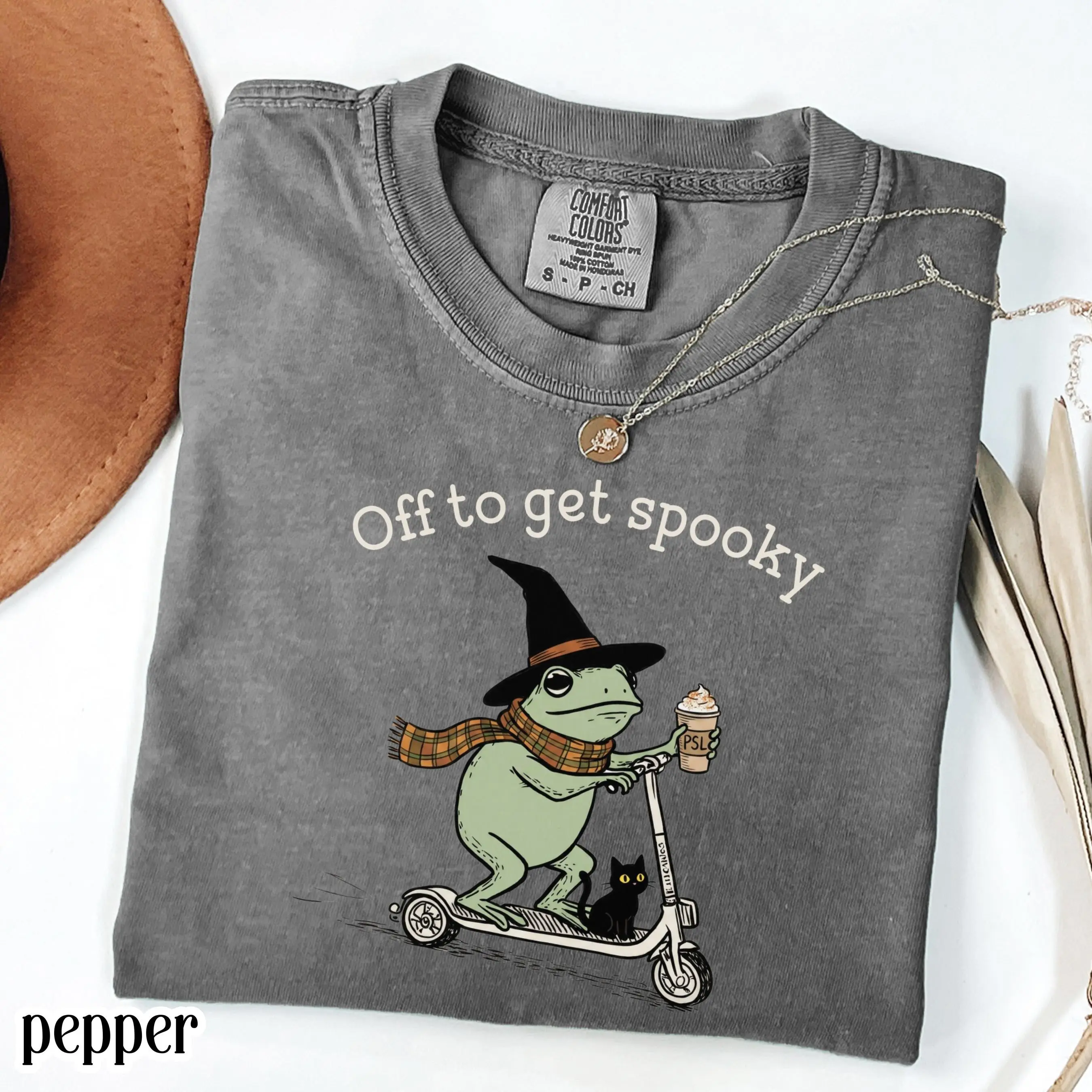 Comfort Colors Halloween Shirt, Off To Get Spooky Frog Scooter Tee, Silly Cozy Witch Black Cat Pumpkin Spice Top - photo 5