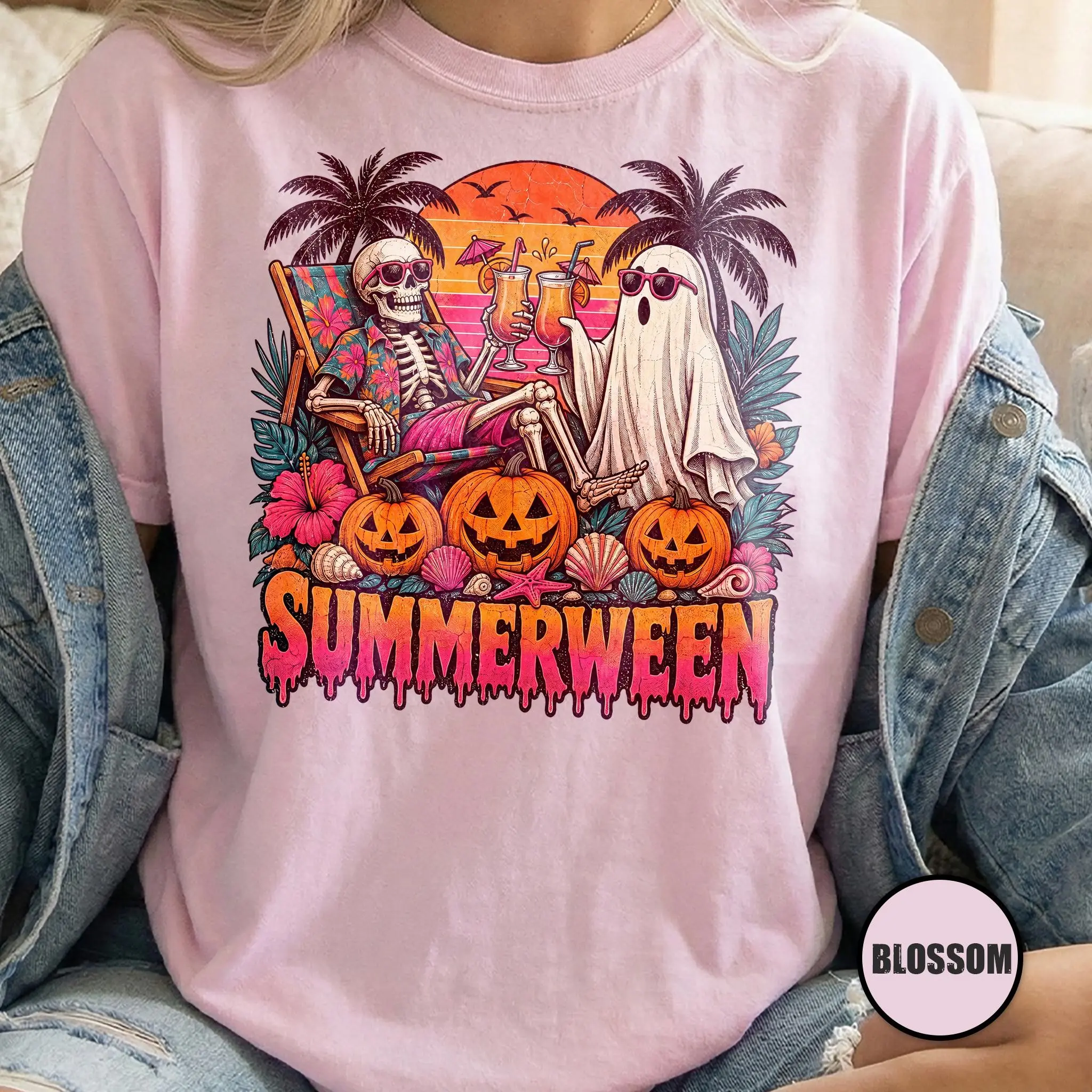 Comfort Colors Skeleton Summerween Shirt, Girly Spooky Summer Vibes Halloween Graphic Tee for Women