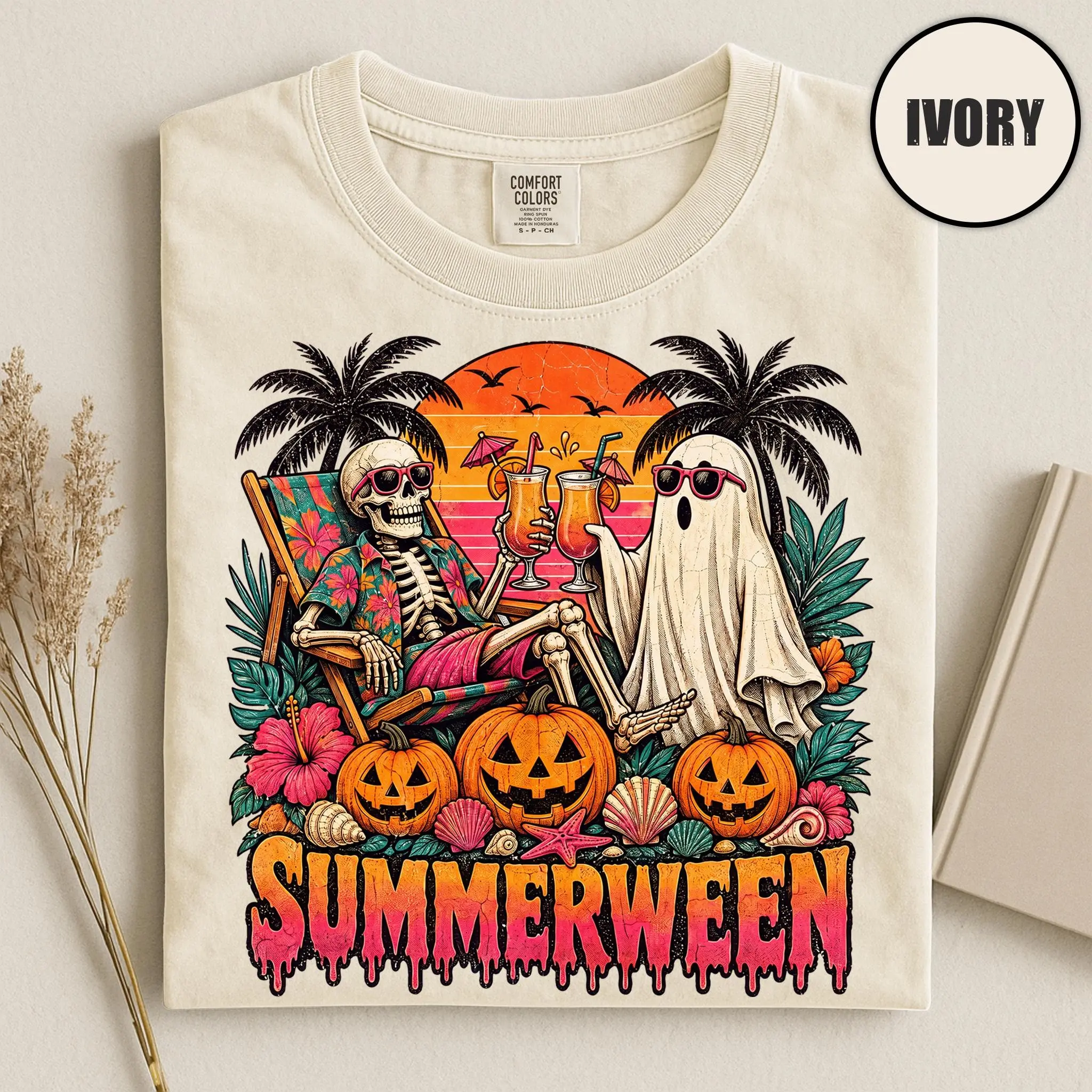 Comfort Colors Skeleton Summerween Shirt, Girly Spooky Summer Vibes Halloween Graphic Tee for Women - photo 4