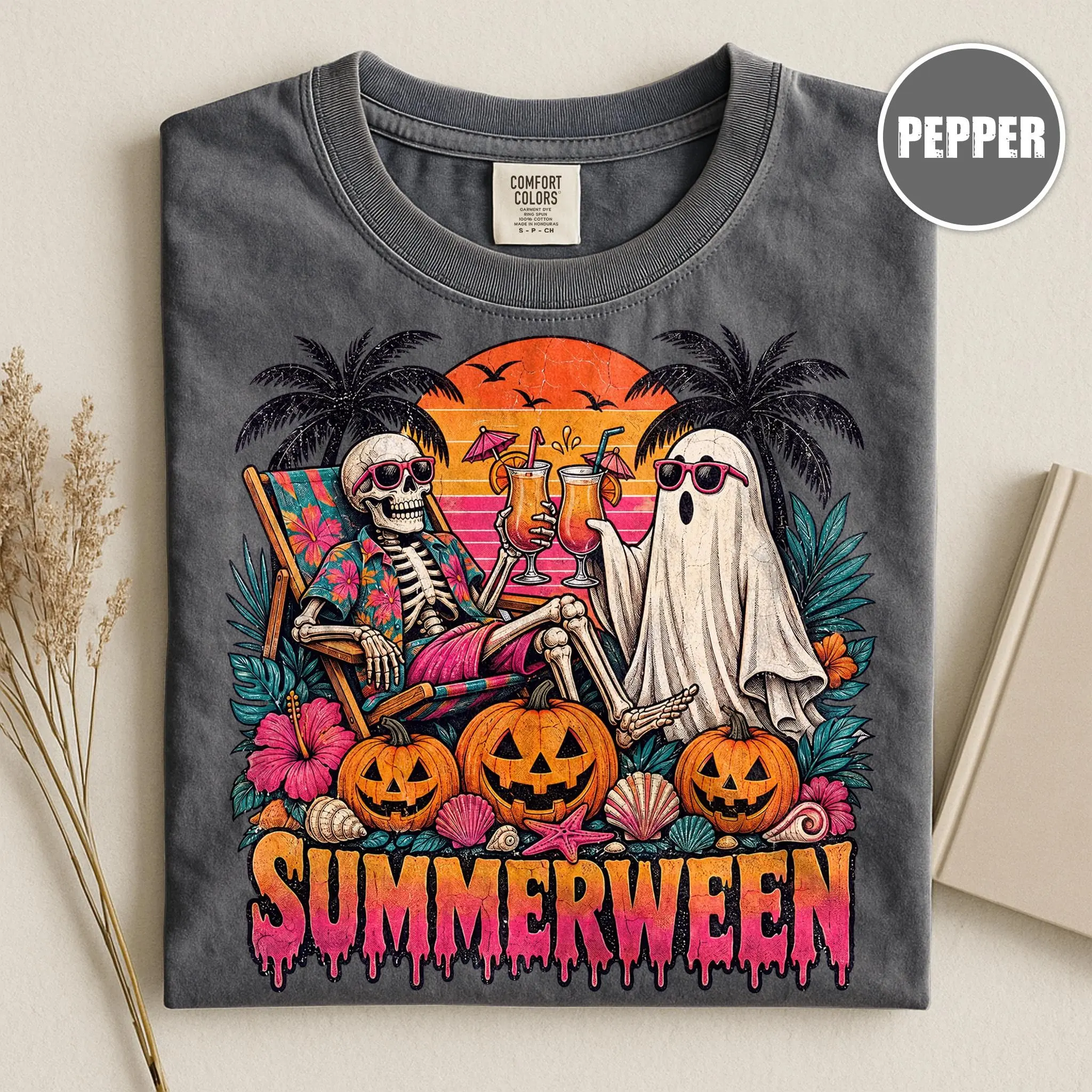 Comfort Colors Skeleton Summerween Shirt, Girly Spooky Summer Vibes Halloween Graphic Tee for Women - photo 5