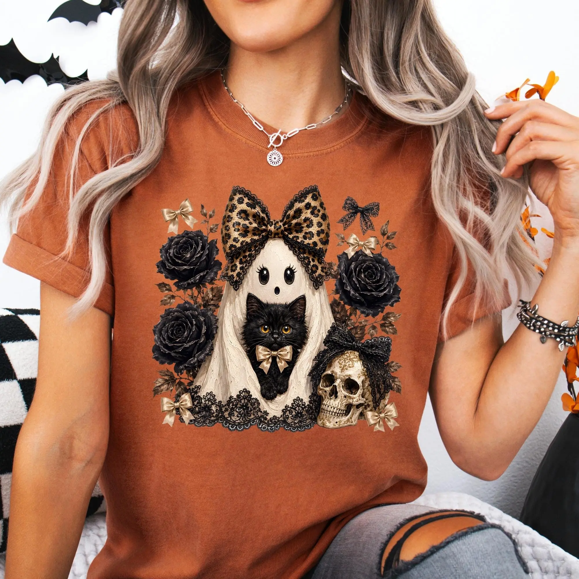 Halloween Coquette Ghost Shirt, Black Cat Lover Tee, Boujee Girly Bow T-shirt