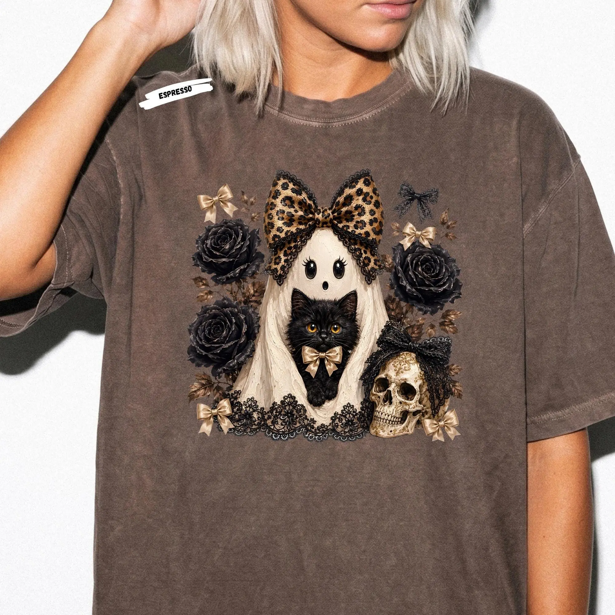 Halloween Coquette Ghost Shirt, Black Cat Lover Tee, Boujee Girly Bow T-shirt - photo 2