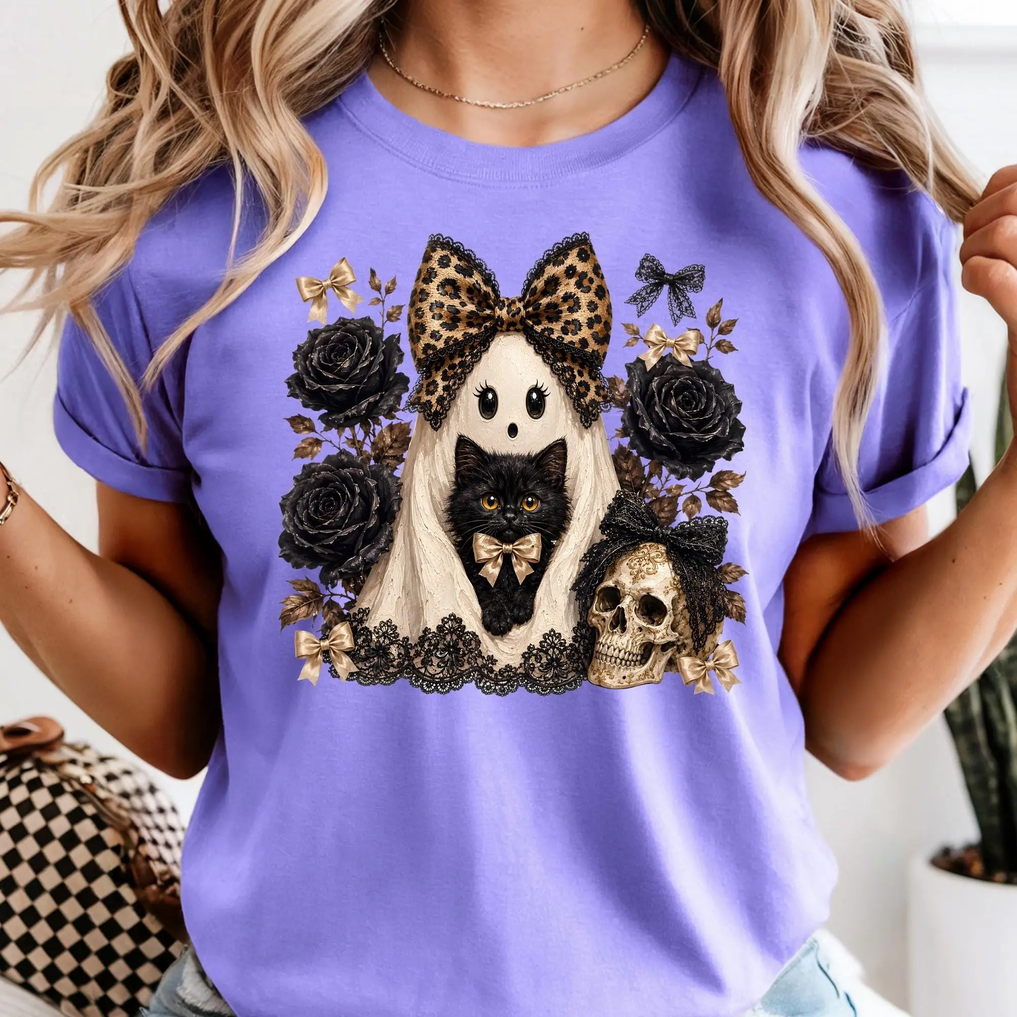Halloween Coquette Ghost Shirt, Black Cat Lover Tee, Boujee Girly Bow T-shirt - photo 3