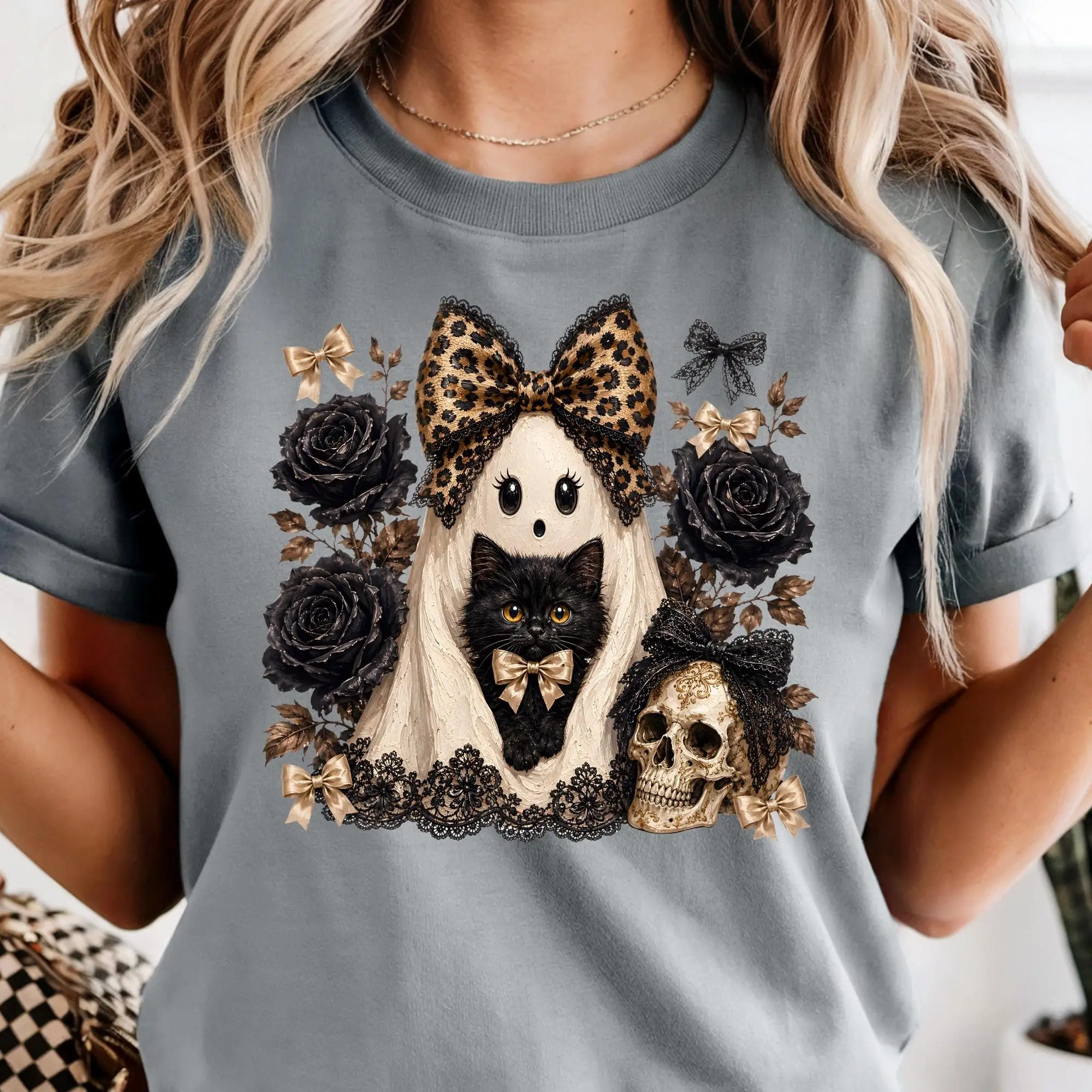 Halloween Coquette Ghost Shirt, Black Cat Lover Tee, Boujee Girly Bow T-shirt - photo 5