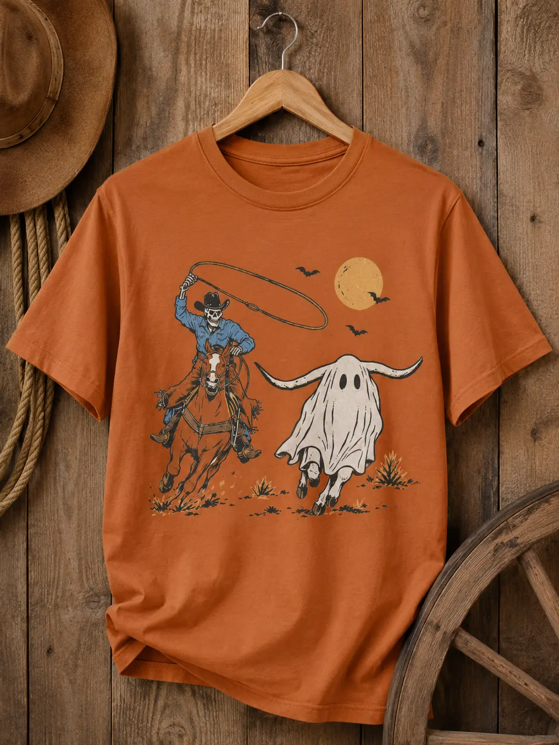 Halloween Cowboy Shirt, Skeleton Rider Roping Ghost Longhorn Tee, Spooky Western Rodeo Vintage Fall Graphic Top