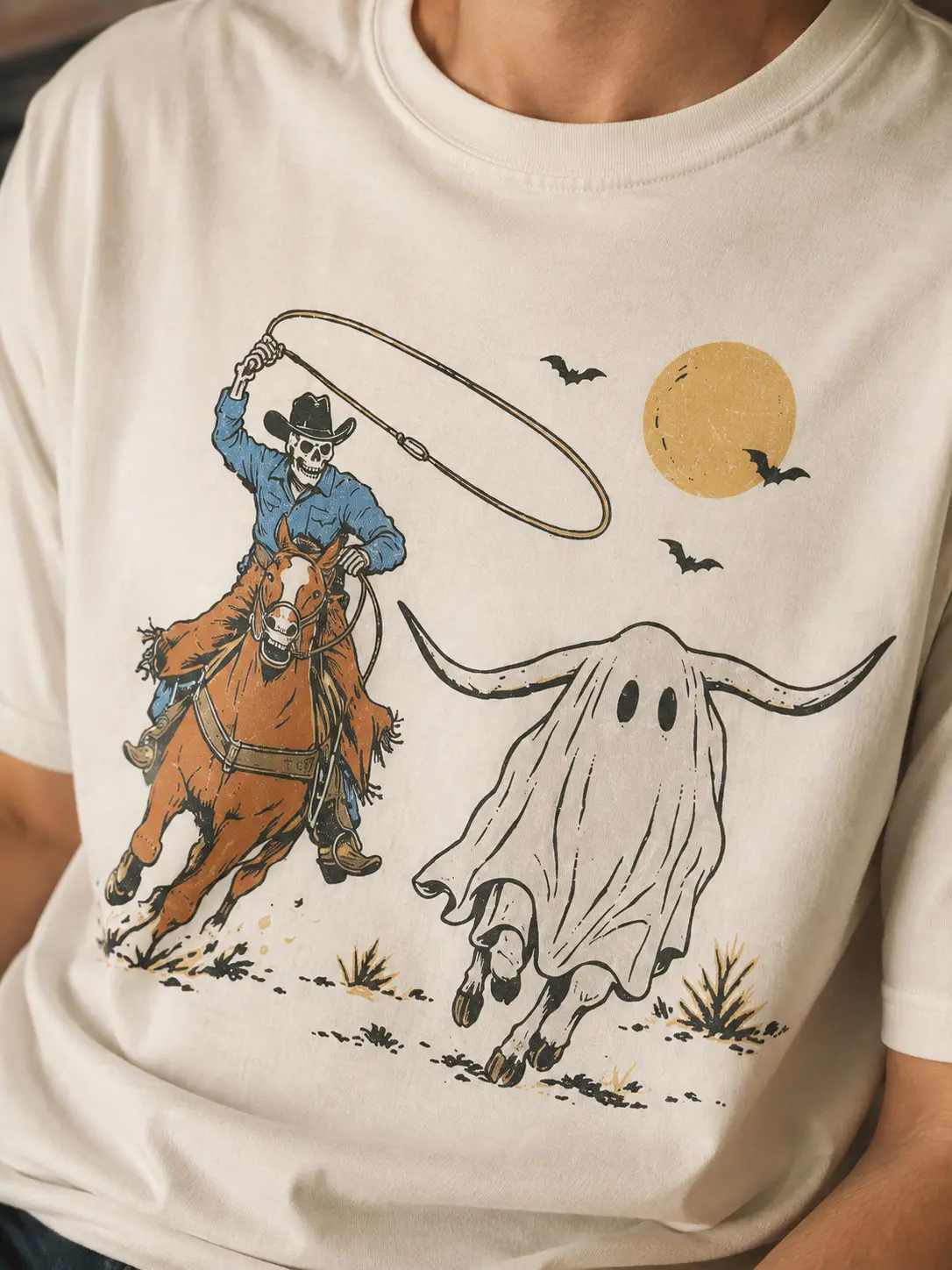Halloween Cowboy Shirt, Skeleton Rider Roping Ghost Longhorn Tee, Spooky Western Rodeo Vintage Fall Graphic Top - photo 2