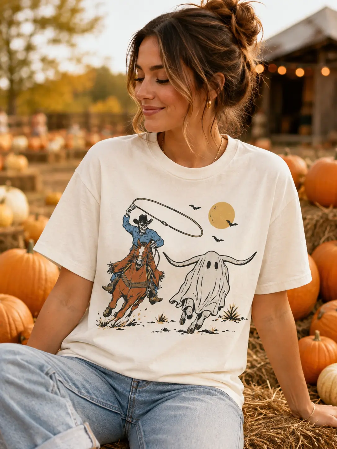 Halloween Cowboy Shirt, Skeleton Rider Roping Ghost Longhorn Tee, Spooky Western Rodeo Vintage Fall Graphic Top - photo 4