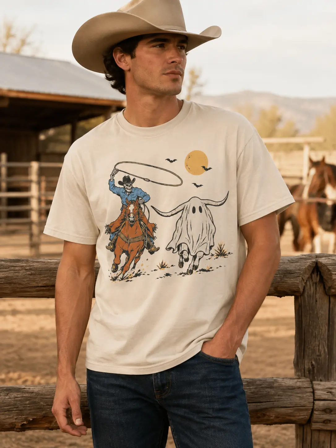 Halloween Cowboy Shirt, Skeleton Rider Roping Ghost Longhorn Tee, Spooky Western Rodeo Vintage Fall Graphic Top - photo 5