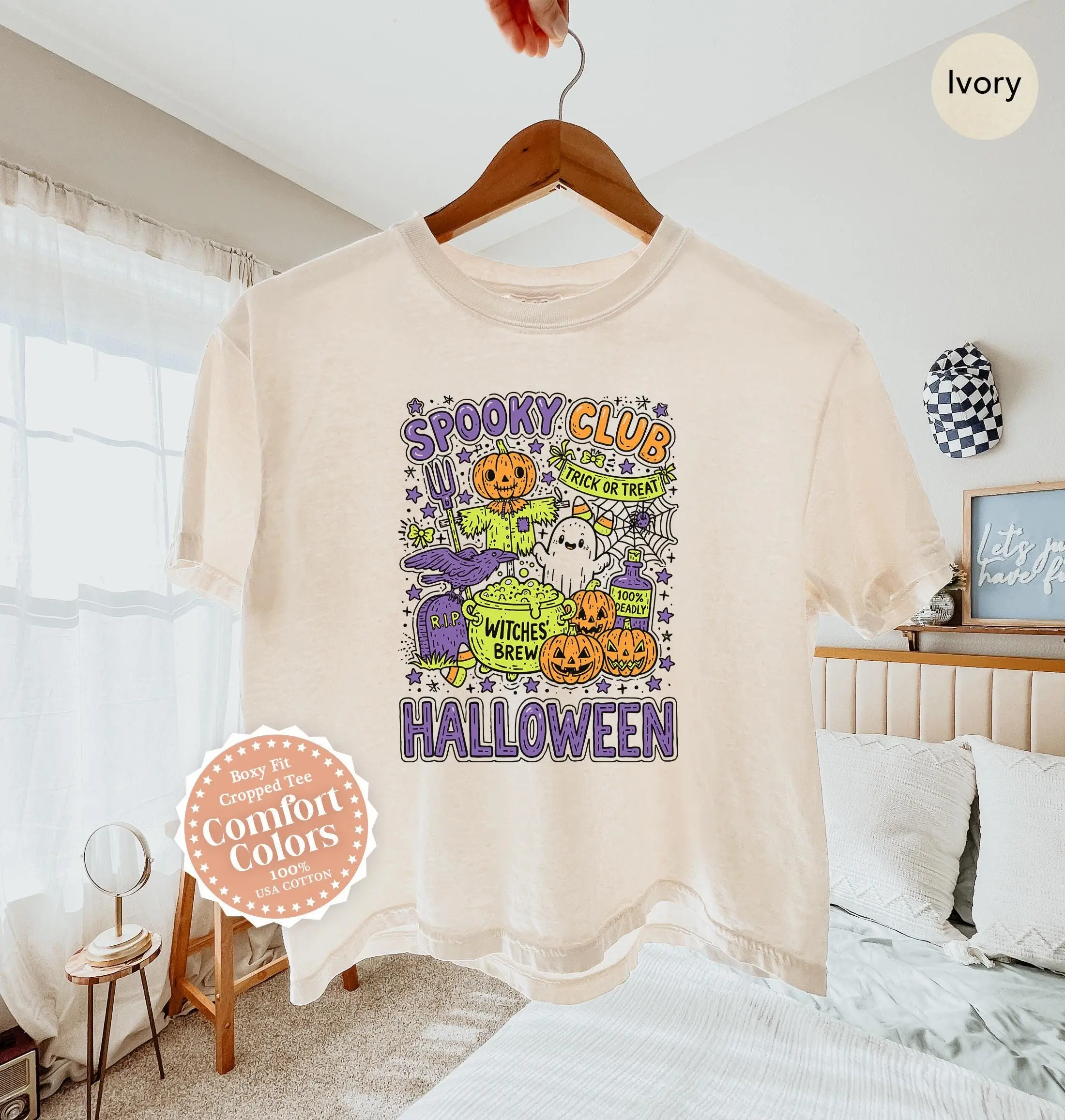 Halloween Crop Tee, Spooky Club Funny Retro Cropped Boxy Shirt, Cute Pumpkin Scarecrow Ghost Comfort Colors Top