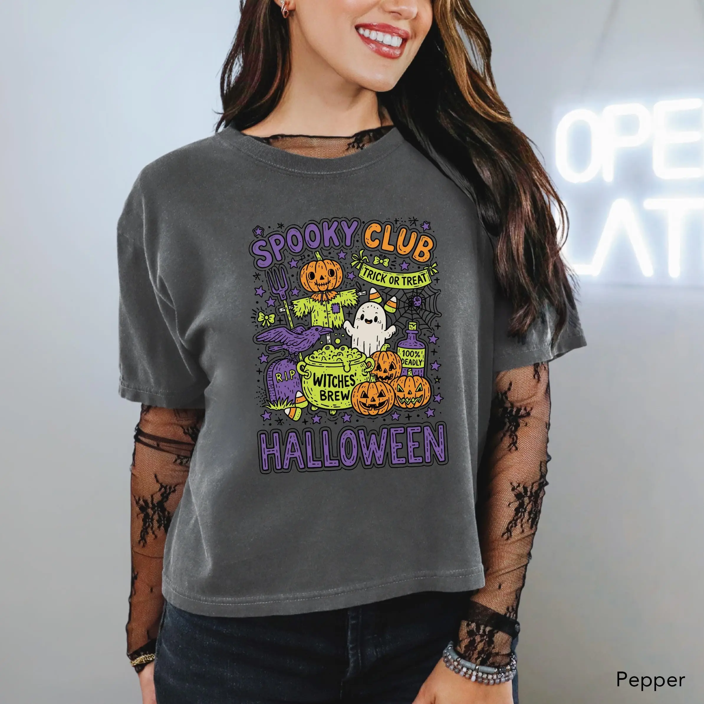 Halloween Crop Tee, Spooky Club Funny Retro Cropped Boxy Shirt, Cute Pumpkin Scarecrow Ghost Comfort Colors Top - photo 2