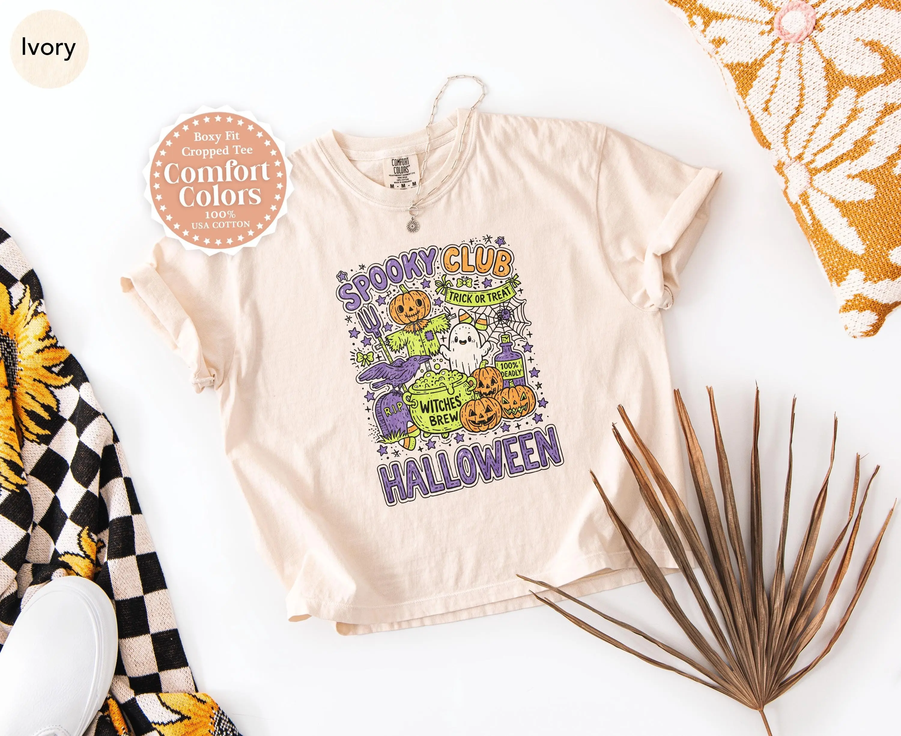 Halloween Crop Tee, Spooky Club Funny Retro Cropped Boxy Shirt, Cute Pumpkin Scarecrow Ghost Comfort Colors Top - photo 3