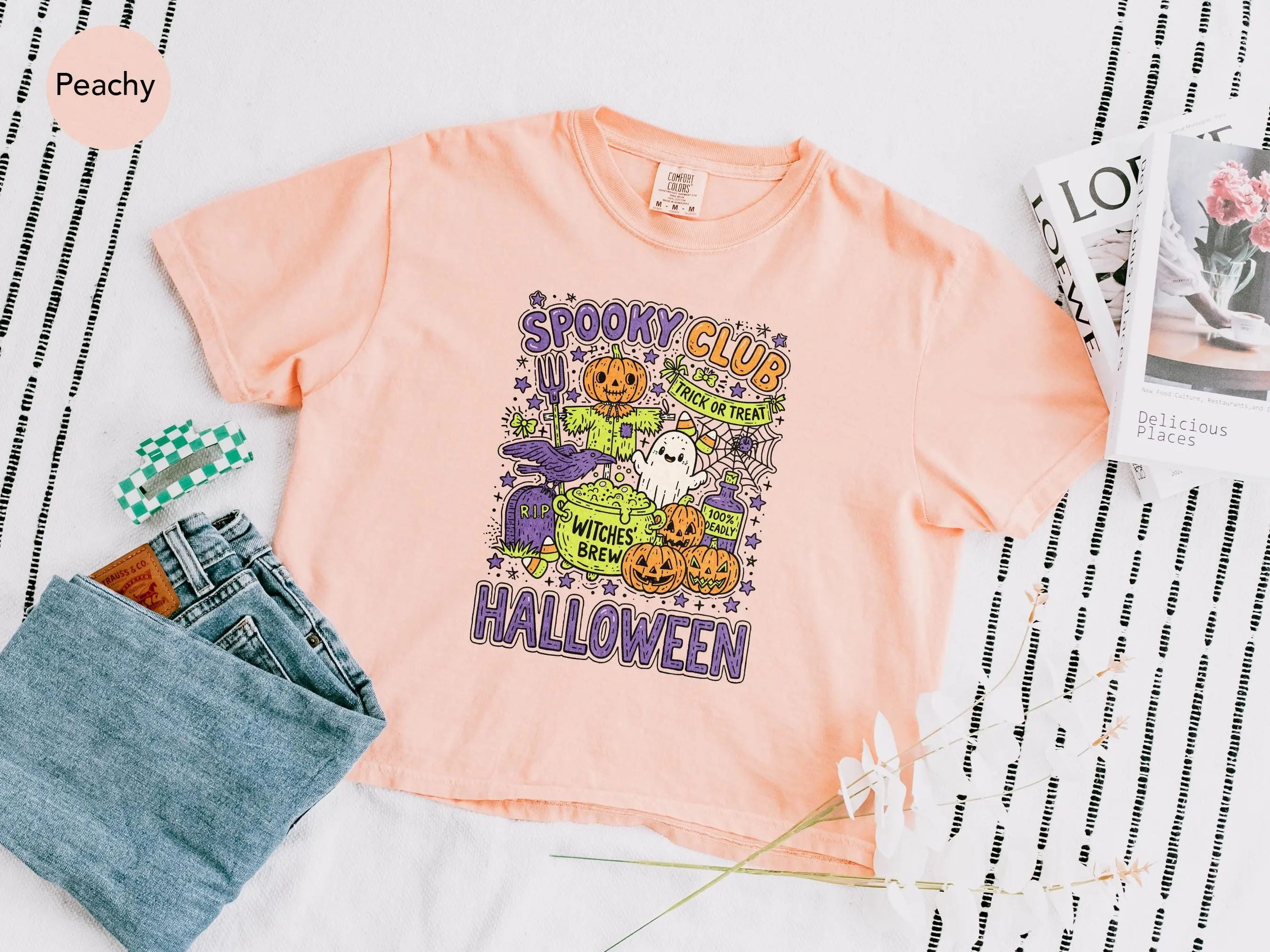 Halloween Crop Tee, Spooky Club Funny Retro Cropped Boxy Shirt, Cute Pumpkin Scarecrow Ghost Comfort Colors Top - photo 4