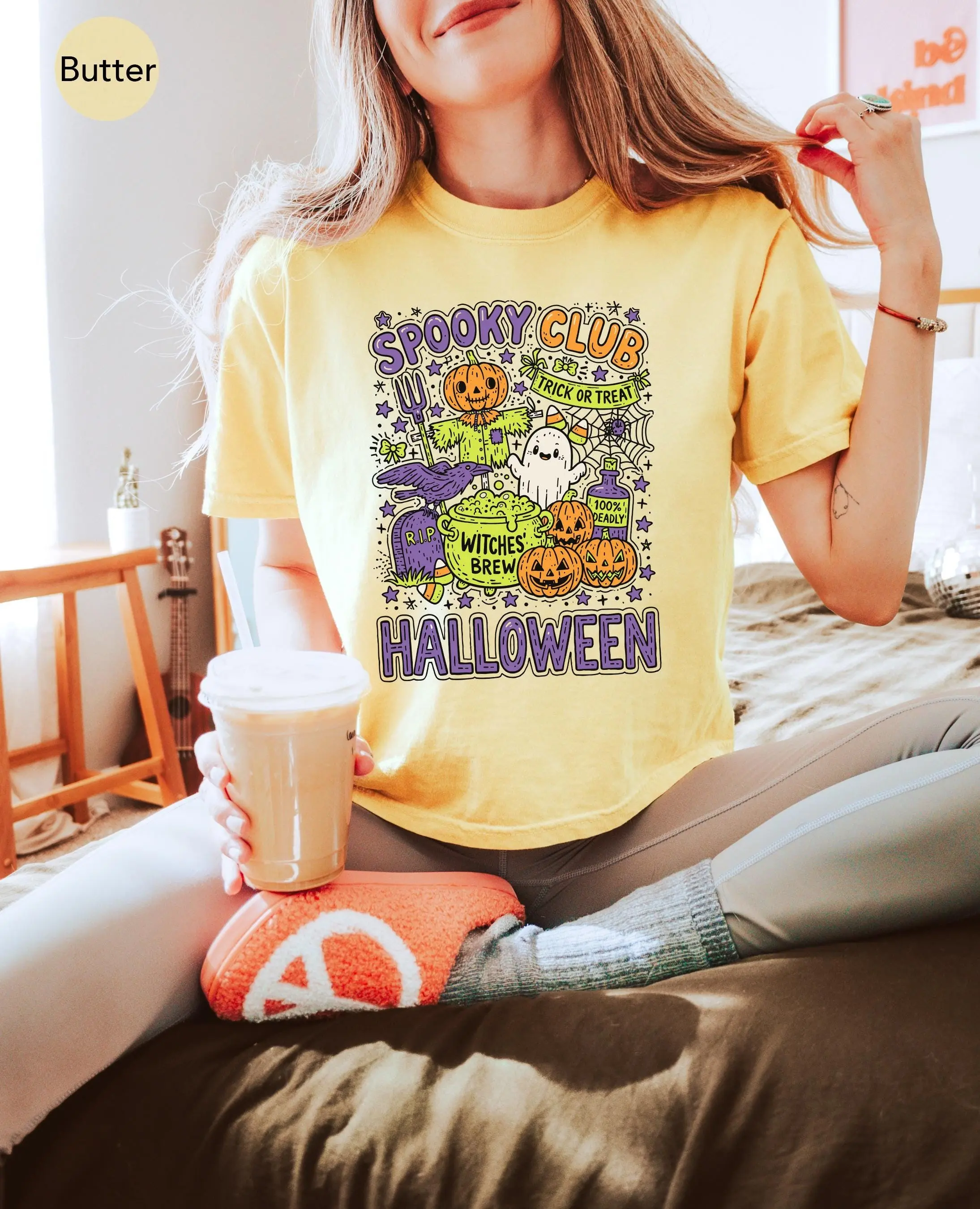 Halloween Crop Tee, Spooky Club Funny Retro Cropped Boxy Shirt, Cute Pumpkin Scarecrow Ghost Comfort Colors Top - photo 5