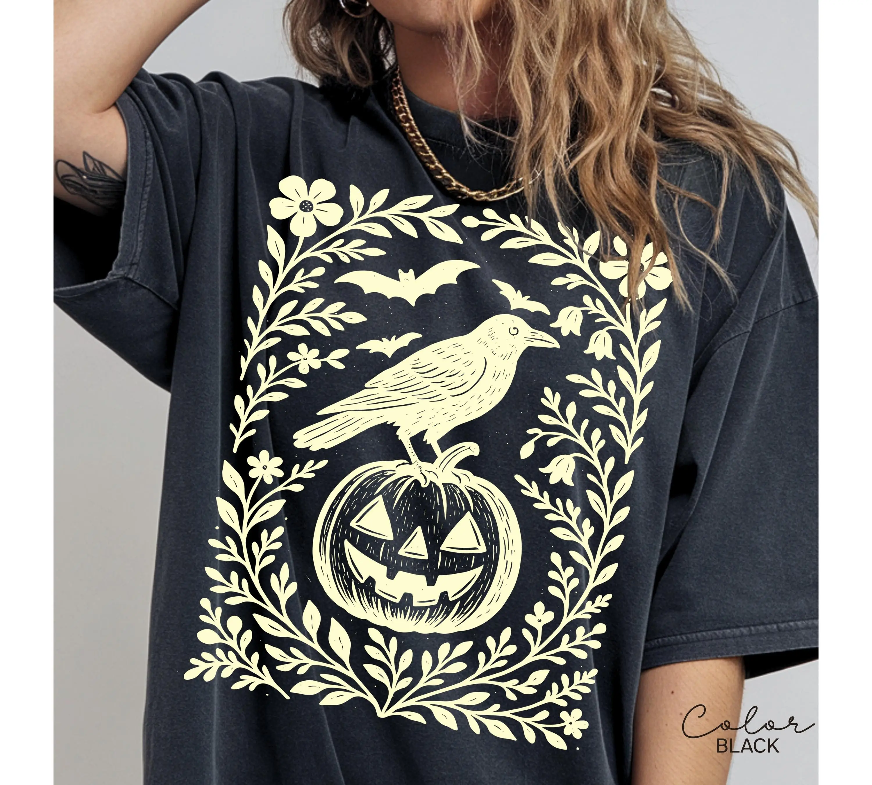 Halloween Crow Pumpkin Sweatshirt for Women, Jack O Lantern Boho Cottagecore Floral Crewneck, Oversized Comfort Colors Fall Party Top