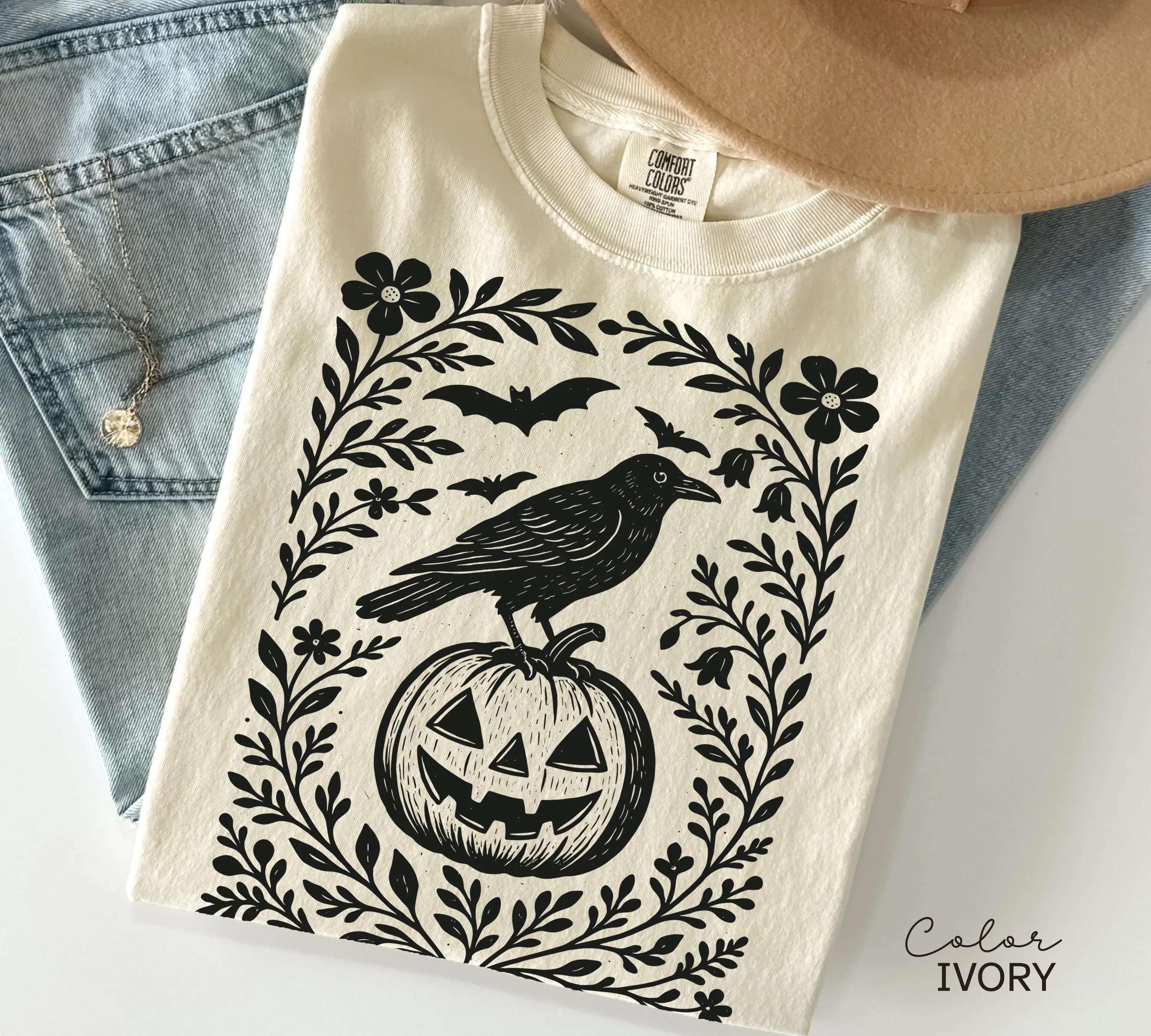 Halloween Crow Pumpkin Sweatshirt for Women, Jack O Lantern Boho Cottagecore Floral Crewneck, Oversized Comfort Colors Fall Party Top - photo 2
