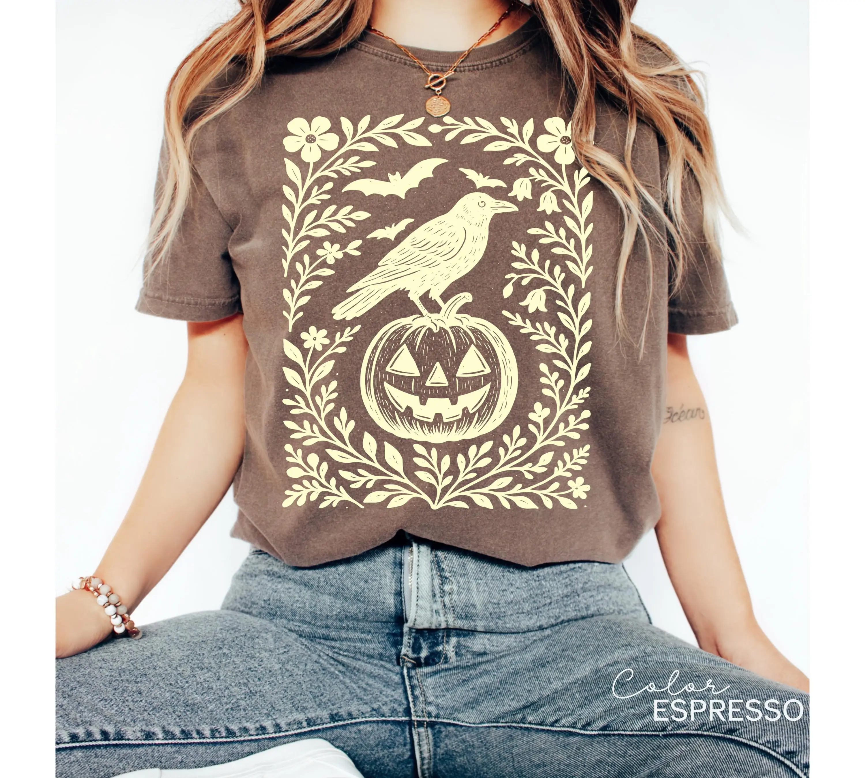 Halloween Crow Pumpkin Sweatshirt for Women, Jack O Lantern Boho Cottagecore Floral Crewneck, Oversized Comfort Colors Fall Party Top - photo 3