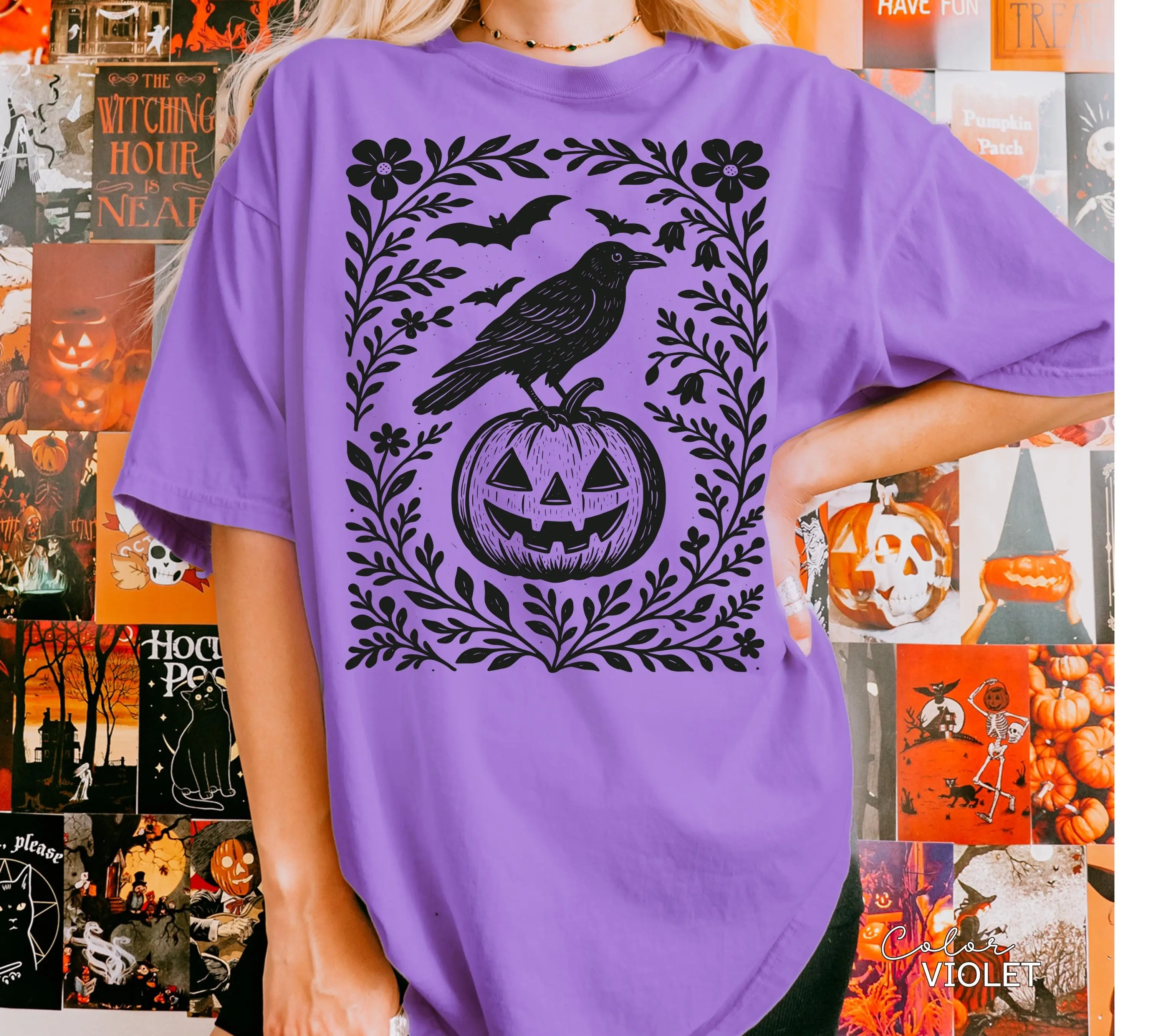 Halloween Crow Pumpkin Sweatshirt for Women, Jack O Lantern Boho Cottagecore Floral Crewneck, Oversized Comfort Colors Fall Party Top - photo 4