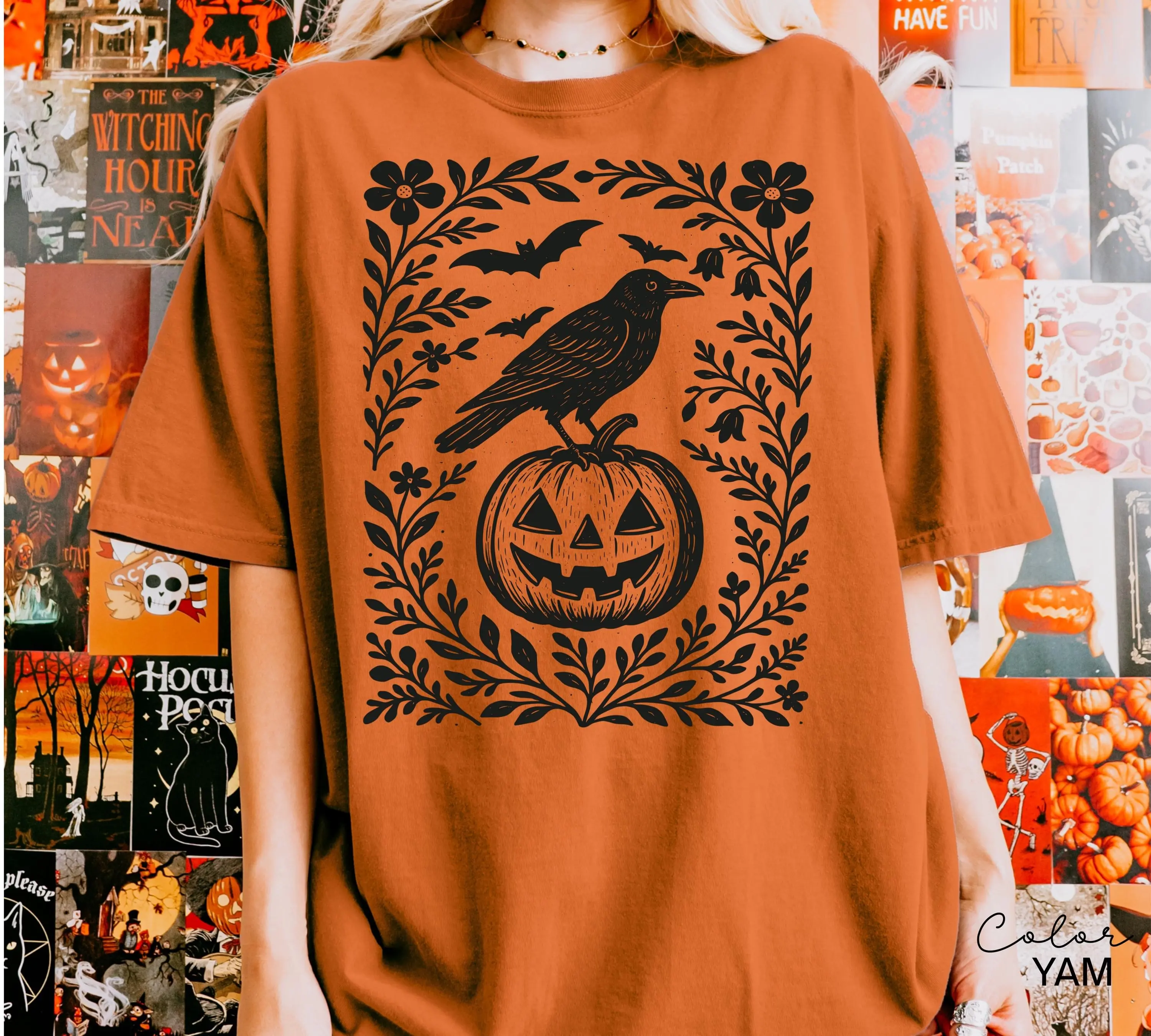 Halloween Crow Pumpkin Sweatshirt for Women, Jack O Lantern Boho Cottagecore Floral Crewneck, Oversized Comfort Colors Fall Party Top - photo 5