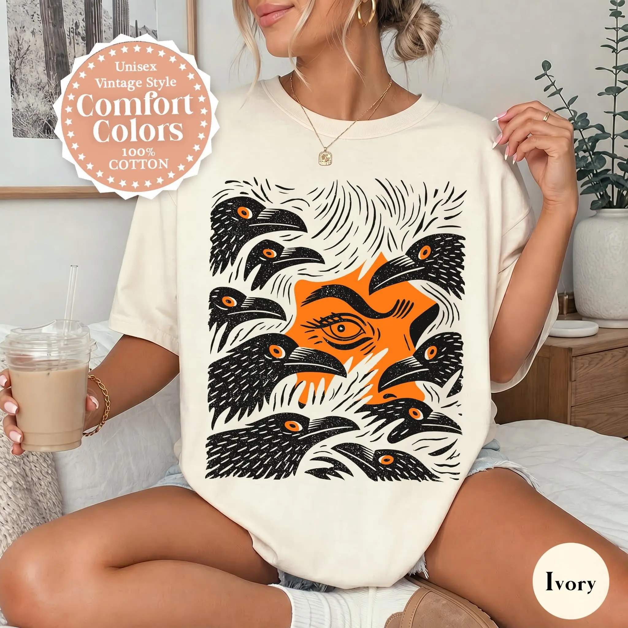 Halloween Crow Shirt Comfort Colors, Witchy Vintage Linocut Raven Bird Tee, Spooky Wiccan Witch Gift