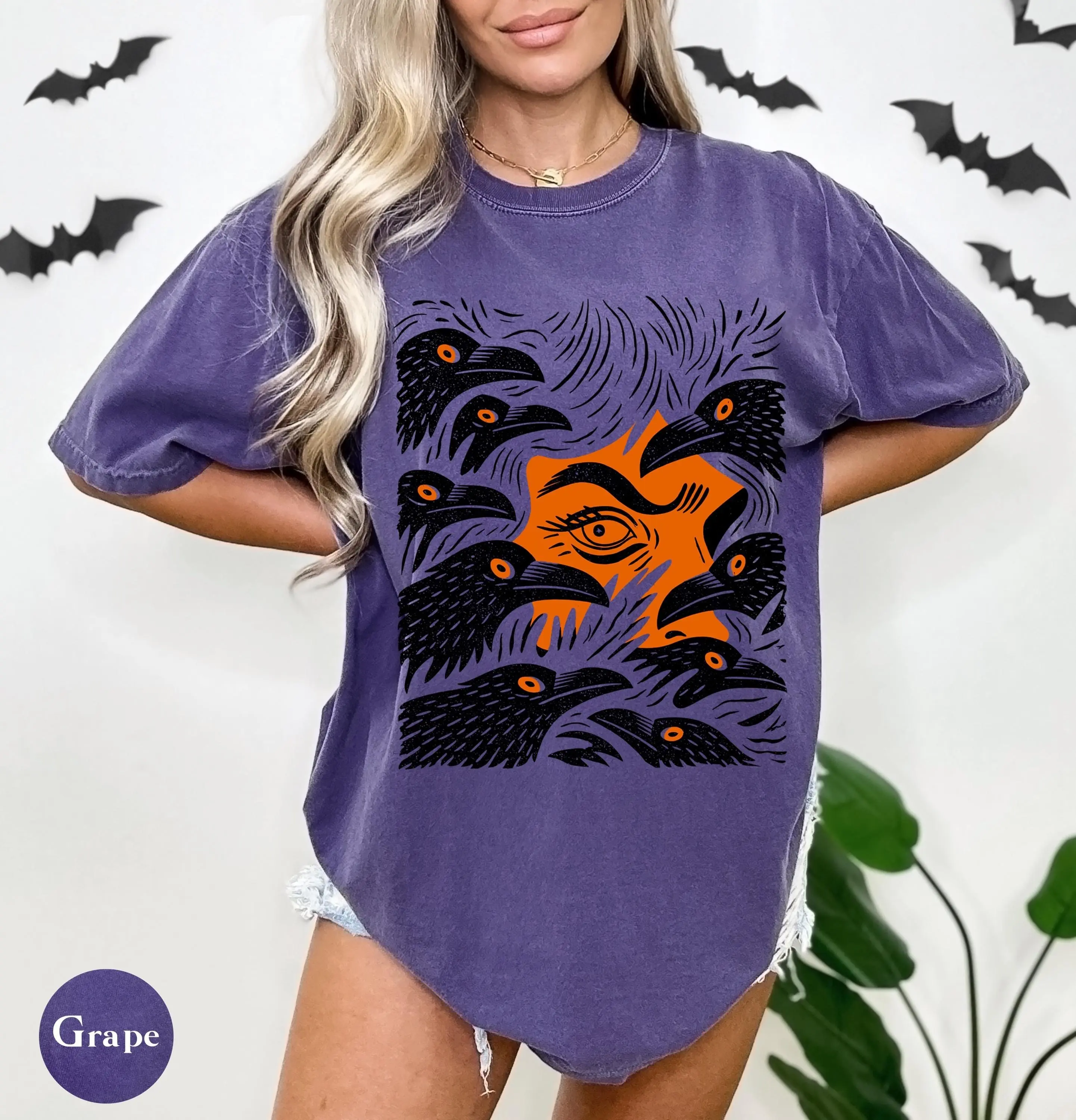 Halloween Crow Shirt Comfort Colors, Witchy Vintage Linocut Raven Bird Tee, Spooky Wiccan Witch Gift - photo 2