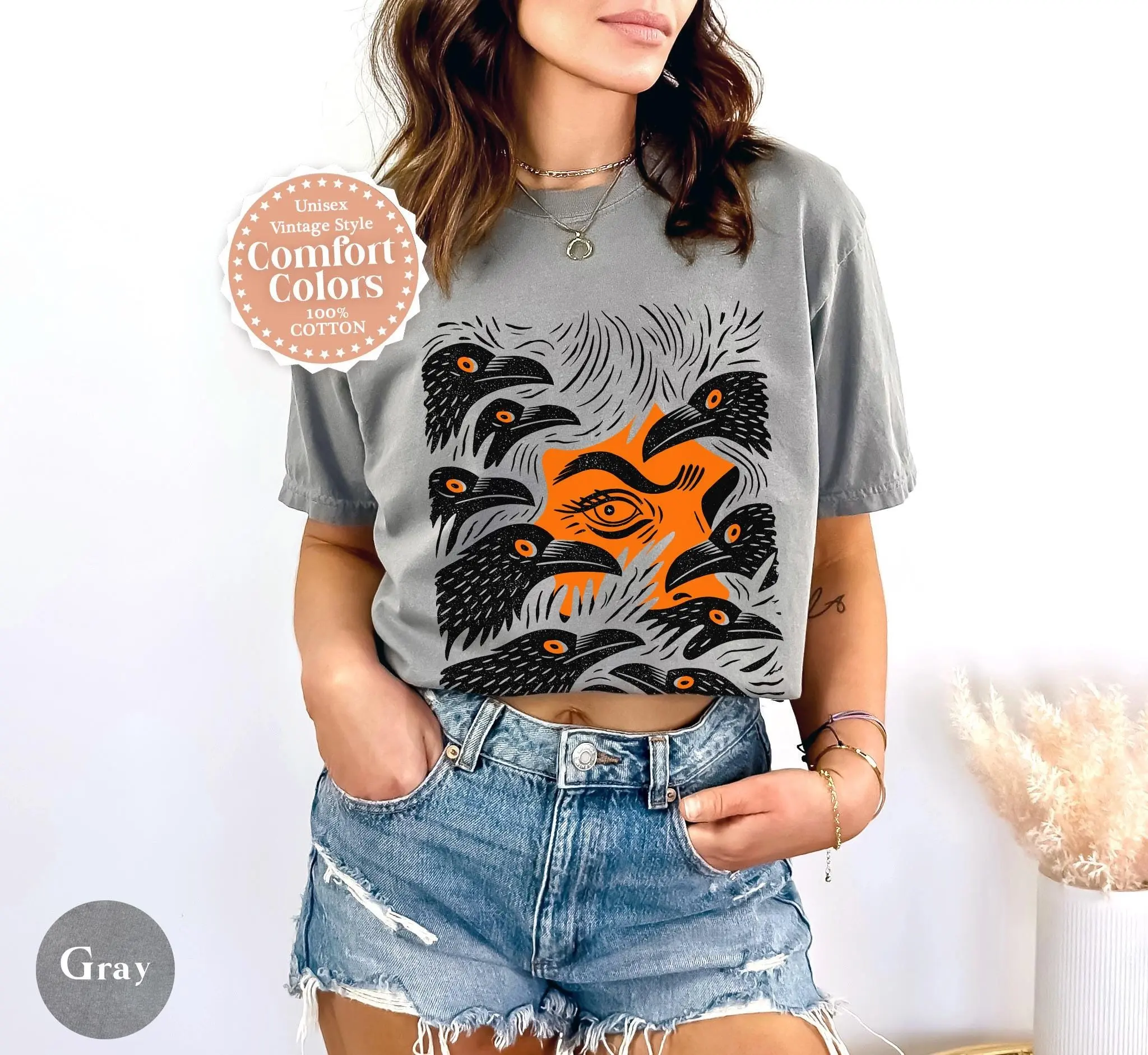 Halloween Crow Shirt Comfort Colors, Witchy Vintage Linocut Raven Bird Tee, Spooky Wiccan Witch Gift - photo 3