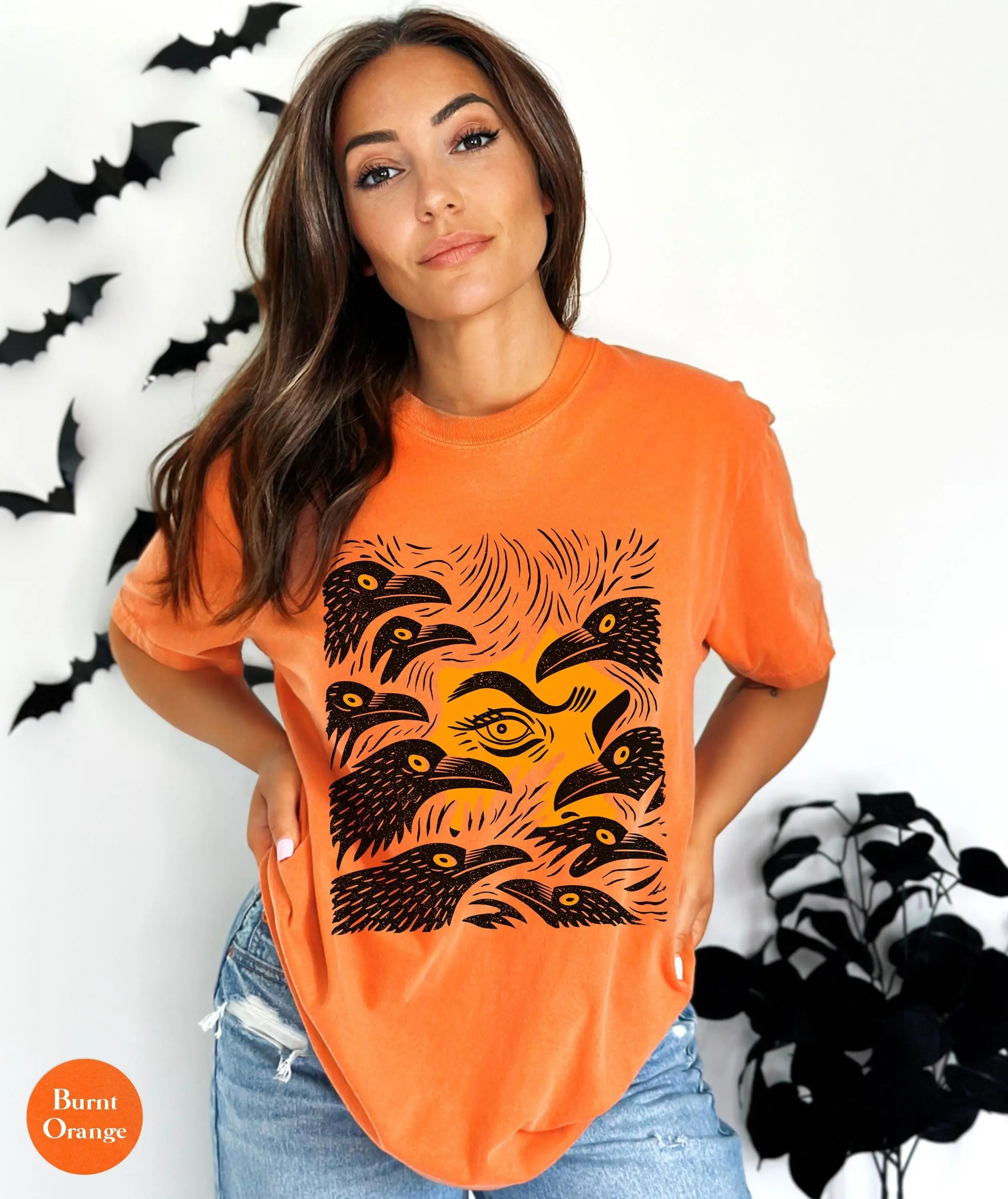 Halloween Crow Shirt Comfort Colors, Witchy Vintage Linocut Raven Bird Tee, Spooky Wiccan Witch Gift - photo 4