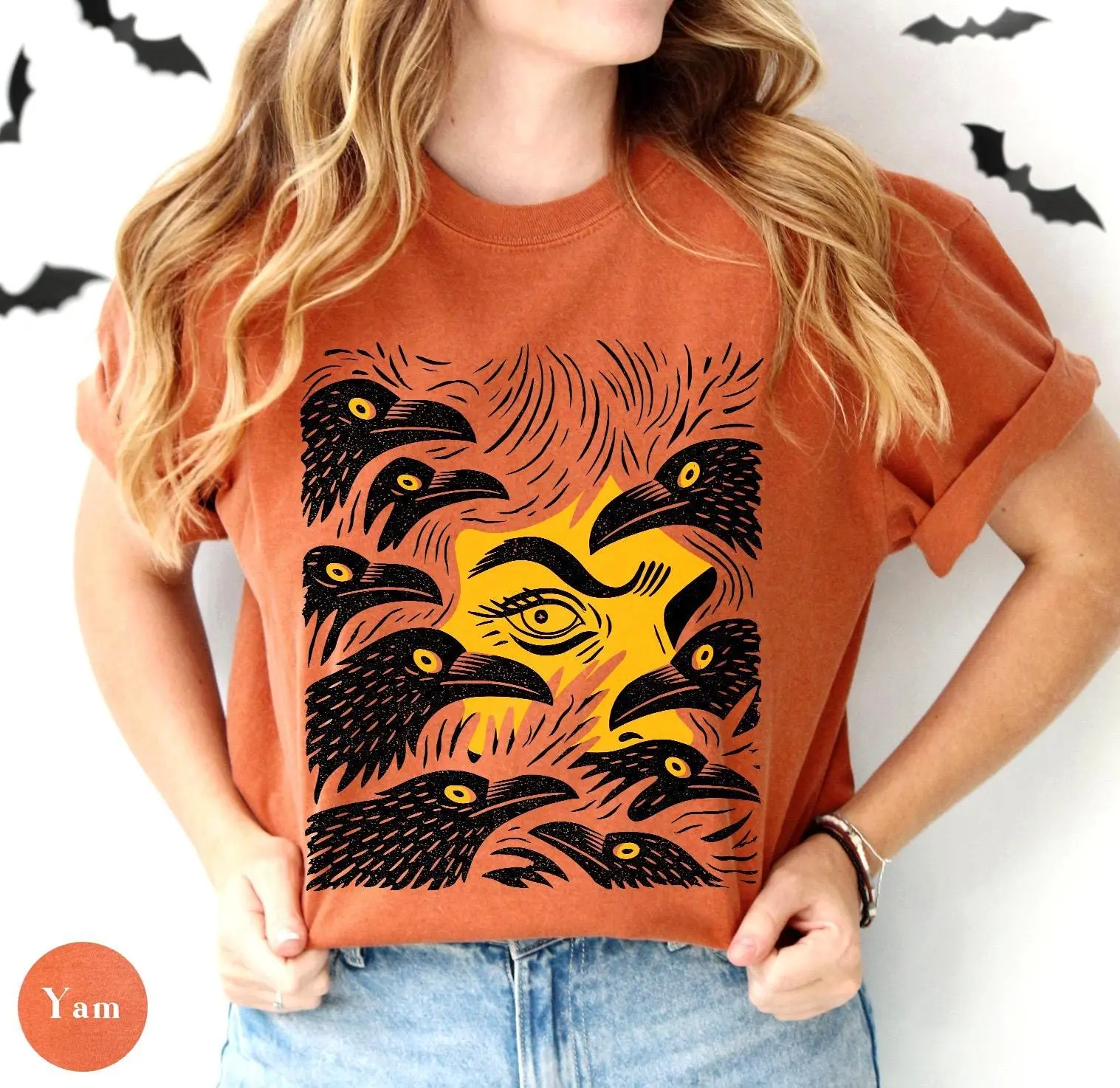 Halloween Crow Shirt Comfort Colors, Witchy Vintage Linocut Raven Bird Tee, Spooky Wiccan Witch Gift - photo 5