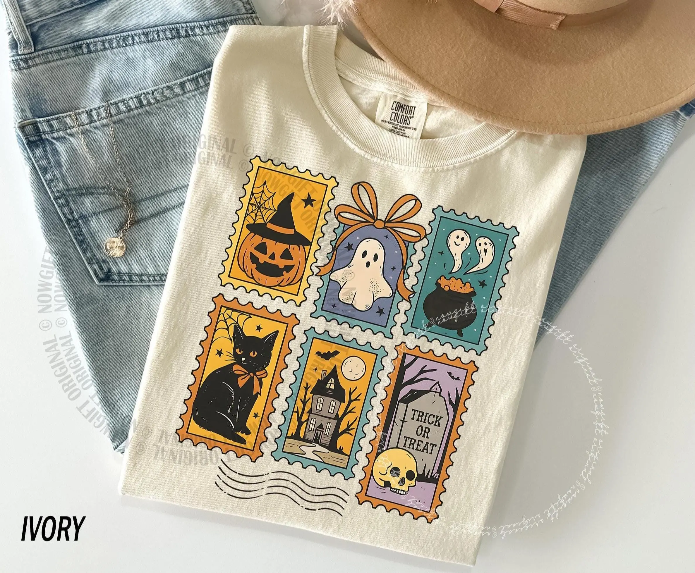 Halloween Cute Ghost Pumpkin Cat Shirt, Retro Spooky Graphic Tee, Fall Comfort Colors Garment Dyed Cotton Top