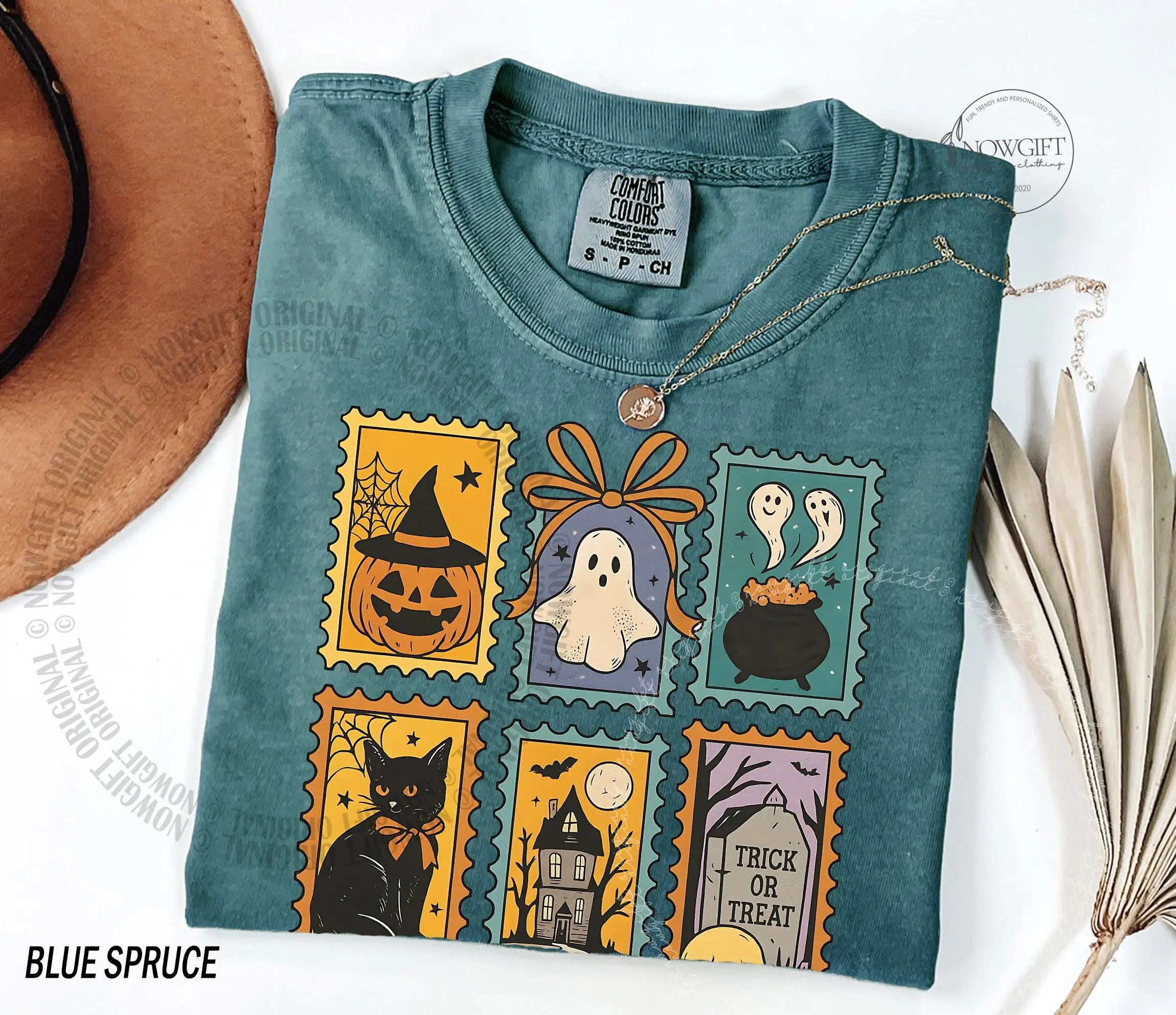 Halloween Cute Ghost Pumpkin Cat Shirt, Retro Spooky Graphic Tee, Fall Comfort Colors Garment Dyed Cotton Top - photo 2