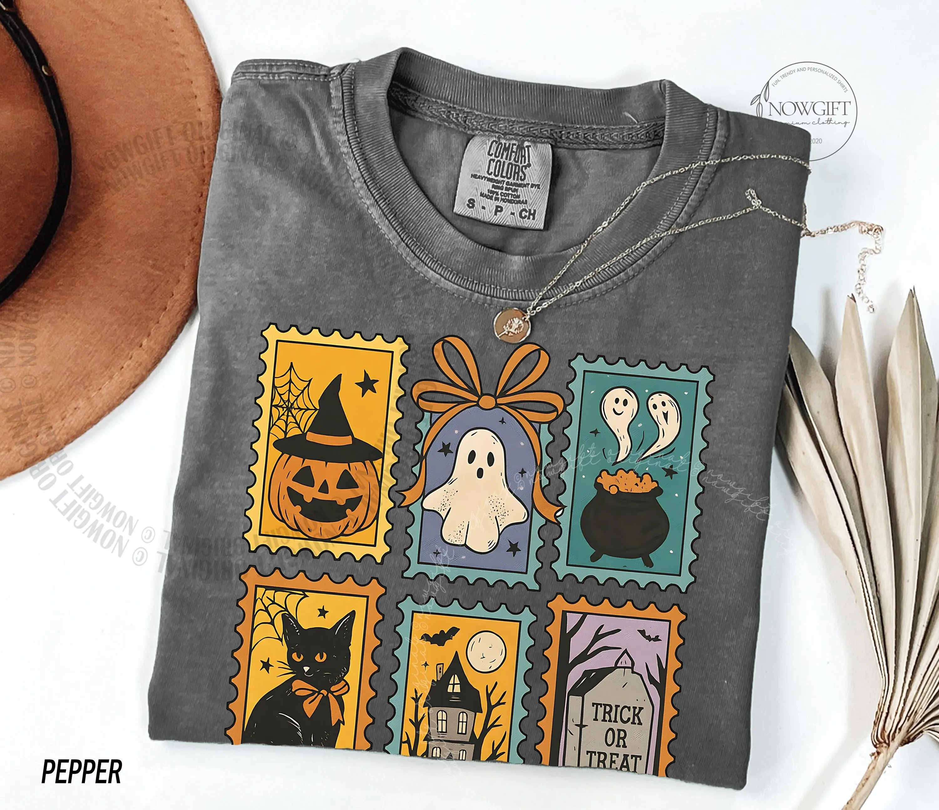 Halloween Cute Ghost Pumpkin Cat Shirt, Retro Spooky Graphic Tee, Fall Comfort Colors Garment Dyed Cotton Top - photo 4