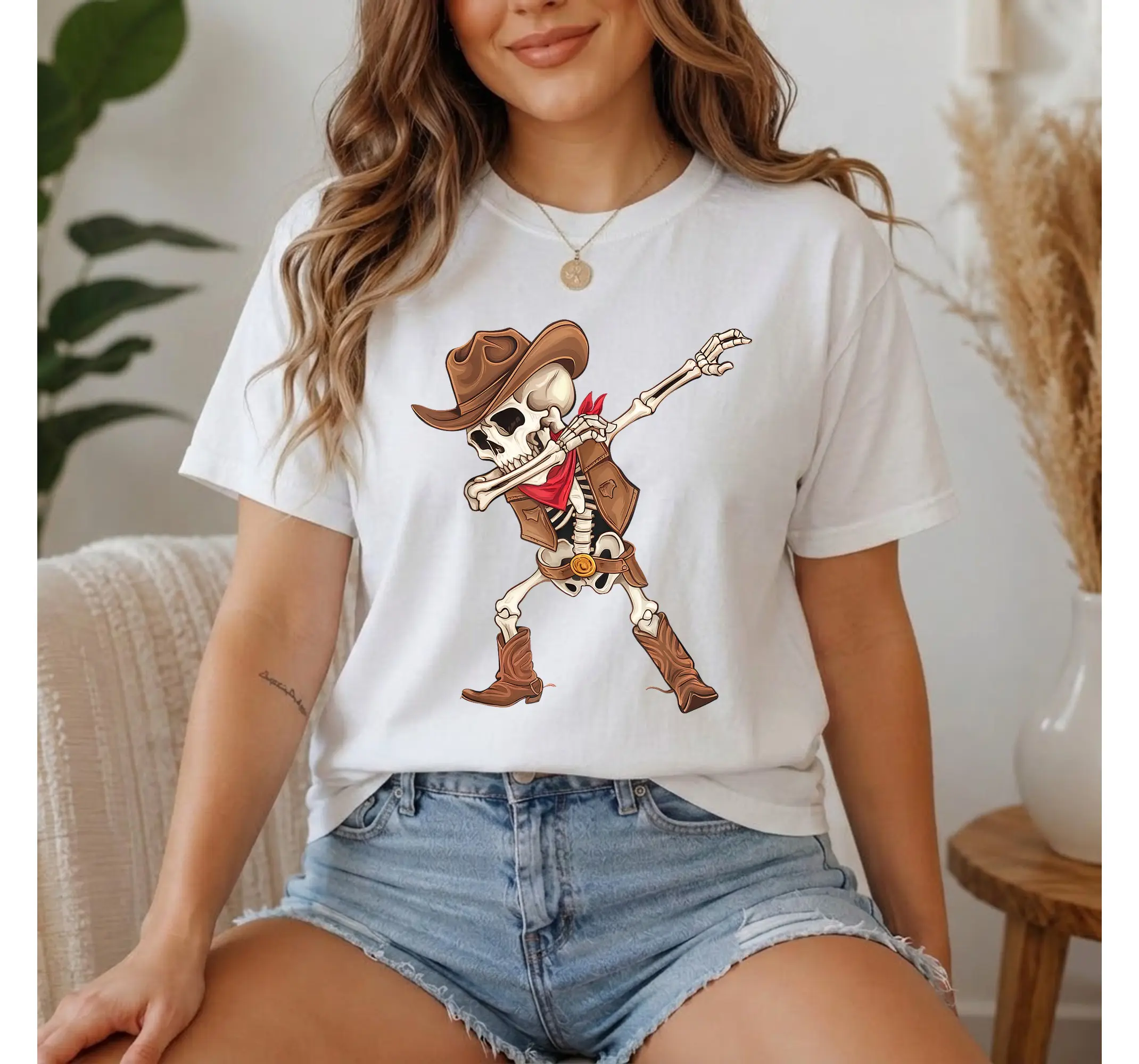 Halloween Dabbing Skeleton Cowboy Graphic Tee, Costume Shirt for Mens Boys - photo 4