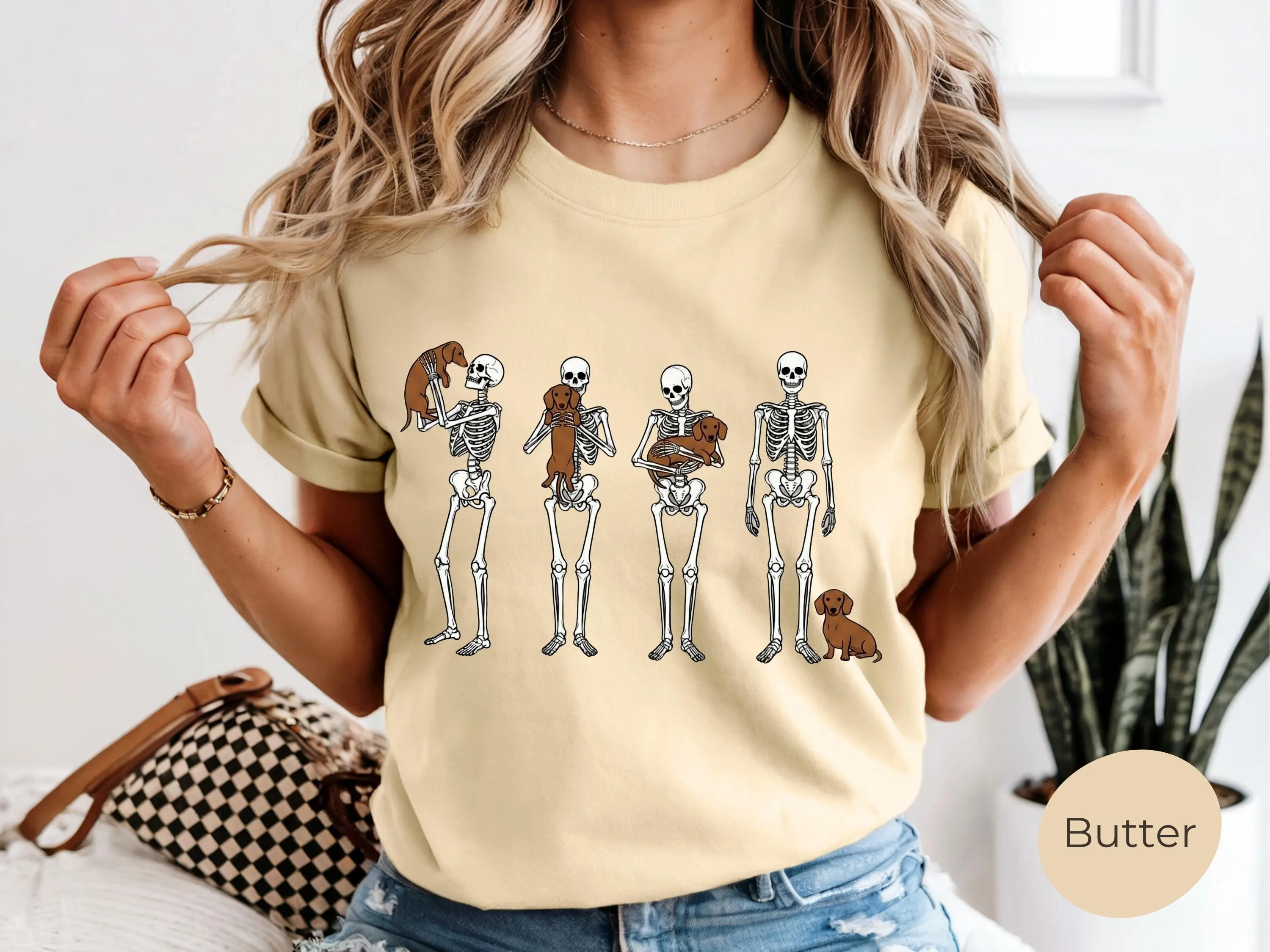 Halloween Dachshund Shirt, Comfort Colors Spooky Season Tee, Funny Weiner Dog Lover Gift, Cute Skeleton Bone Graphic Top - photo 4