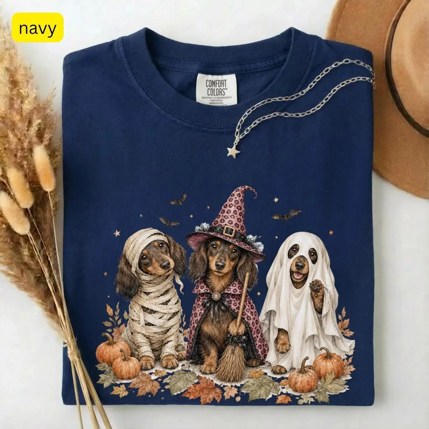 Comfort Colors Halloween Dachshund Shirt, Funny Witch Ghost Wiener Dog Lover Spooky Season Tee for Women - photo 2
