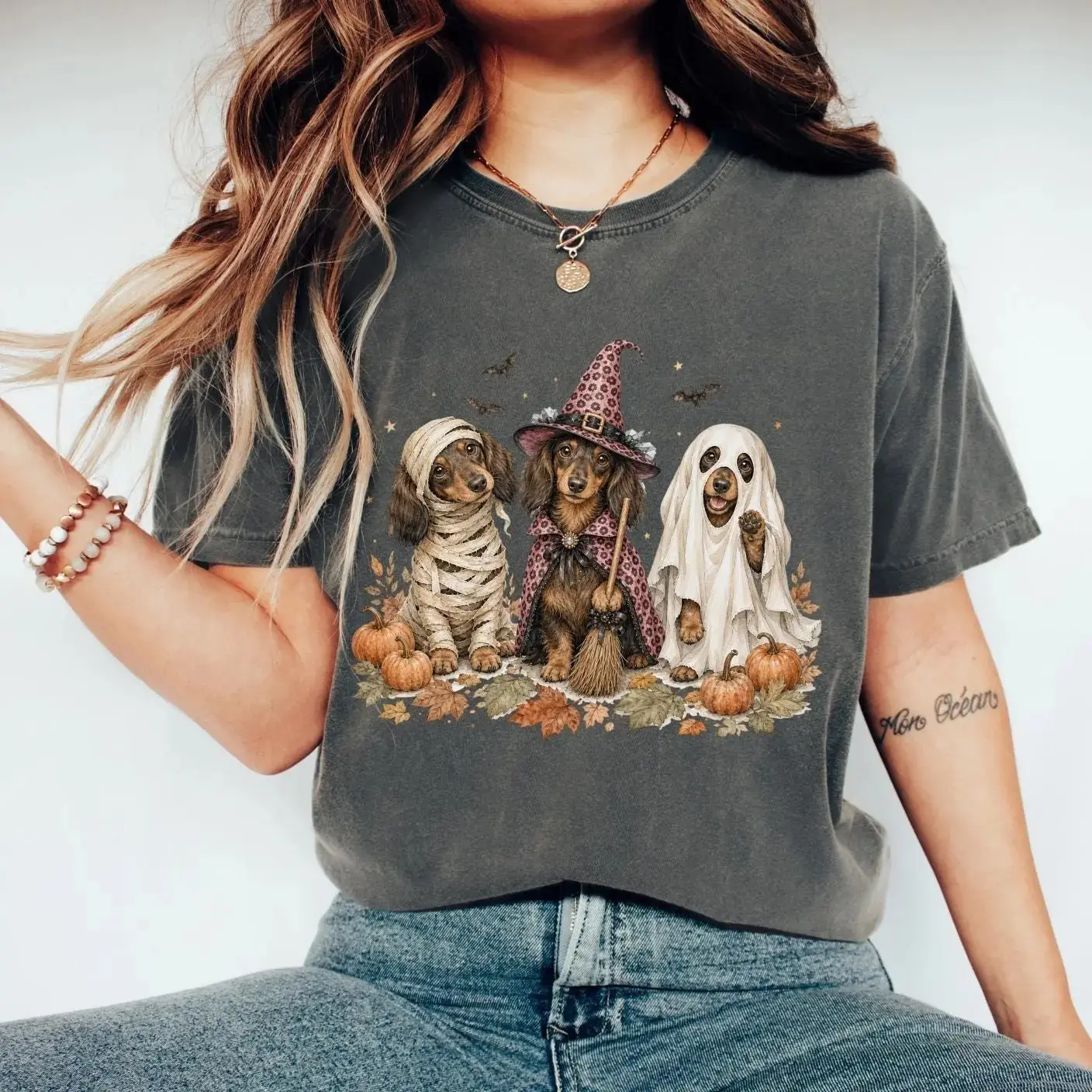 Comfort Colors Halloween Dachshund Shirt, Funny Witch Ghost Wiener Dog Lover Spooky Season Tee for Women - photo 3
