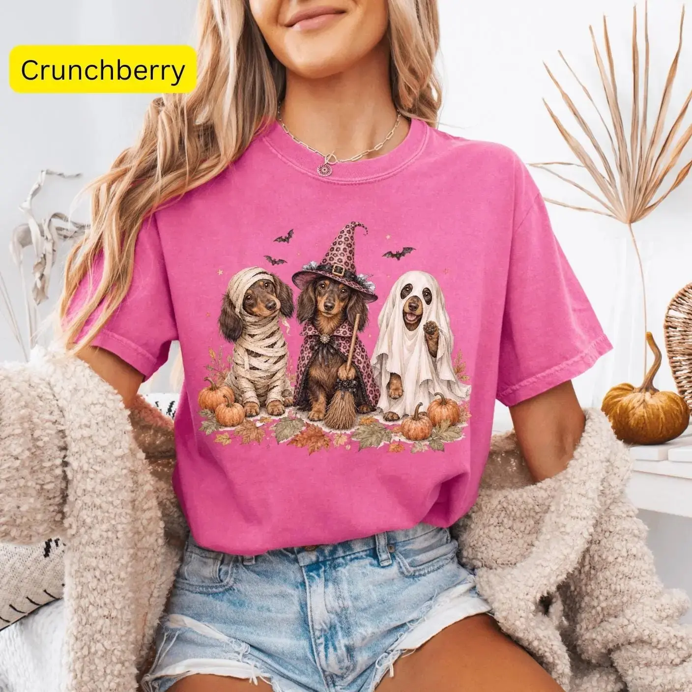 Comfort Colors Halloween Dachshund Shirt, Funny Witch Ghost Wiener Dog Lover Spooky Season Tee for Women - photo 5
