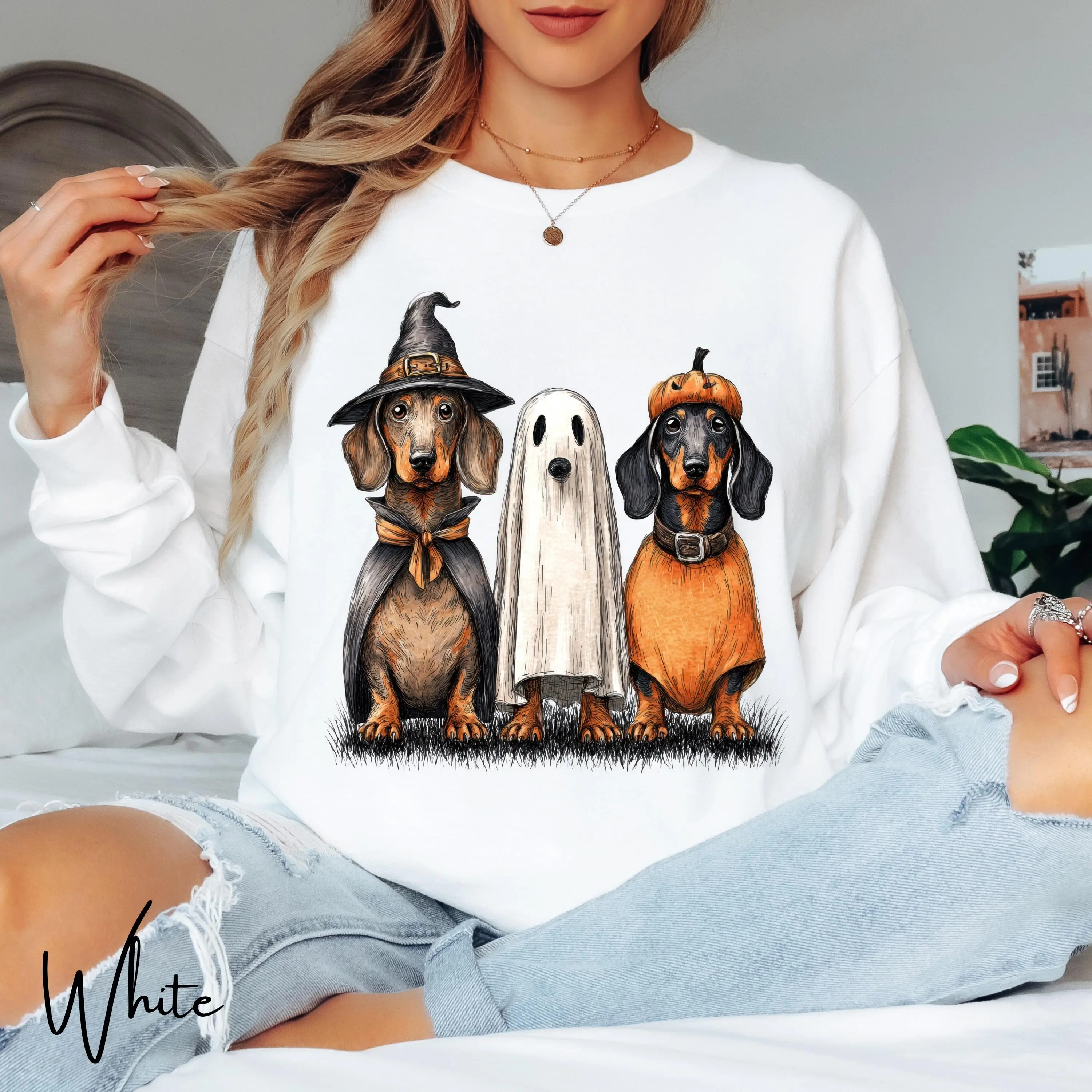Halloween Dachshund Sweatshirt, Witch Wiener Dog Ghost Top, Spooky Doxie Mom Fall Pullover Gift - photo 1