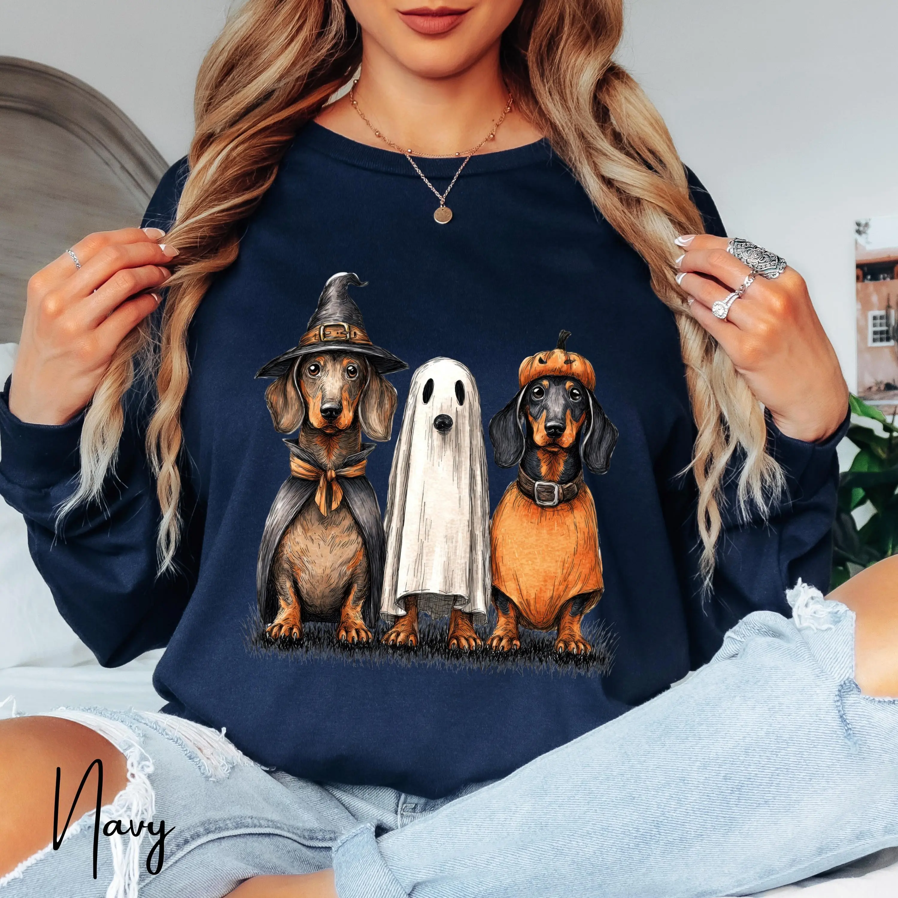 Halloween Dachshund Sweatshirt, Witch Wiener Dog Ghost Top, Spooky Doxie Mom Fall Pullover Gift - photo 2