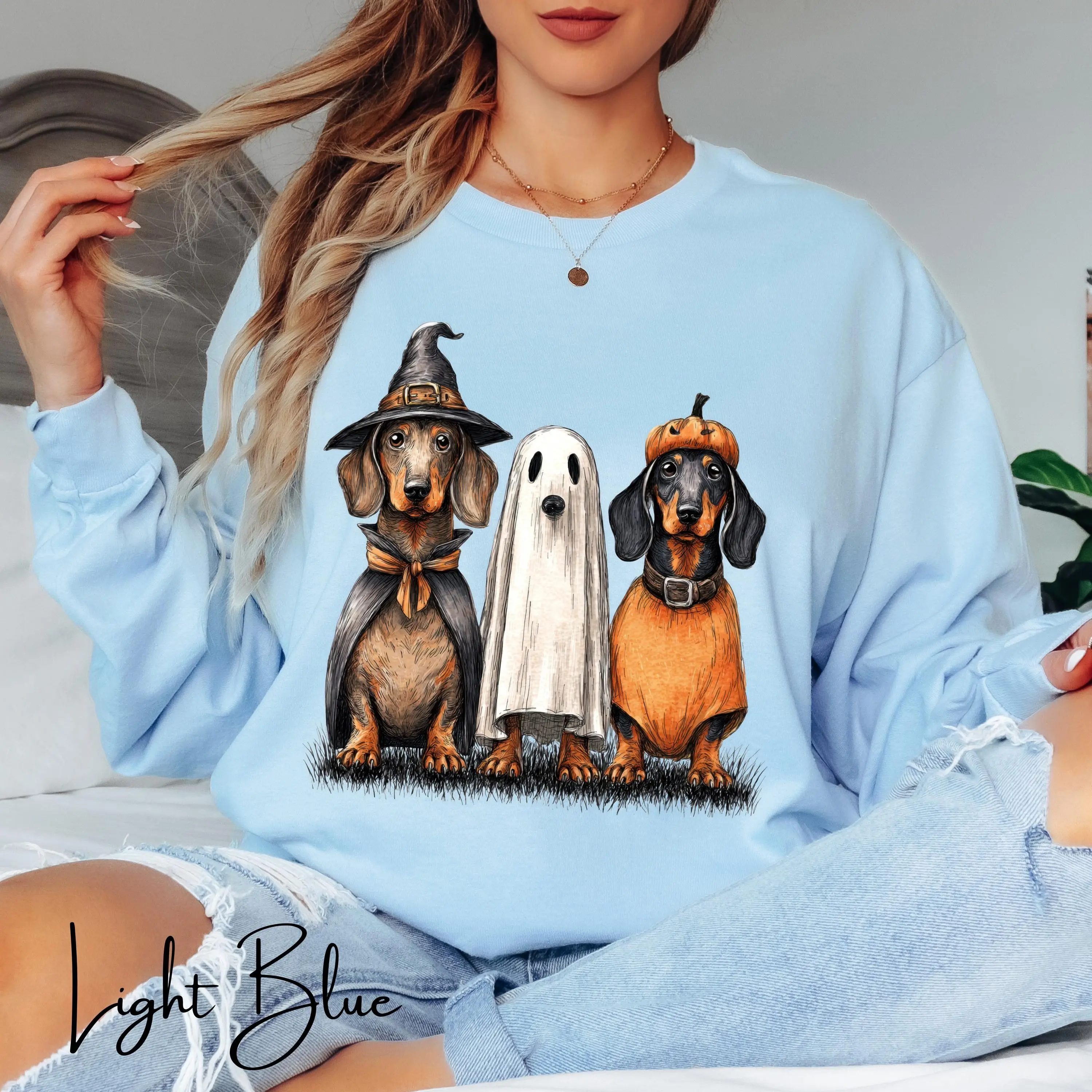 Halloween Dachshund Sweatshirt, Witch Wiener Dog Ghost Top, Spooky Doxie Mom Fall Pullover Gift - photo 3