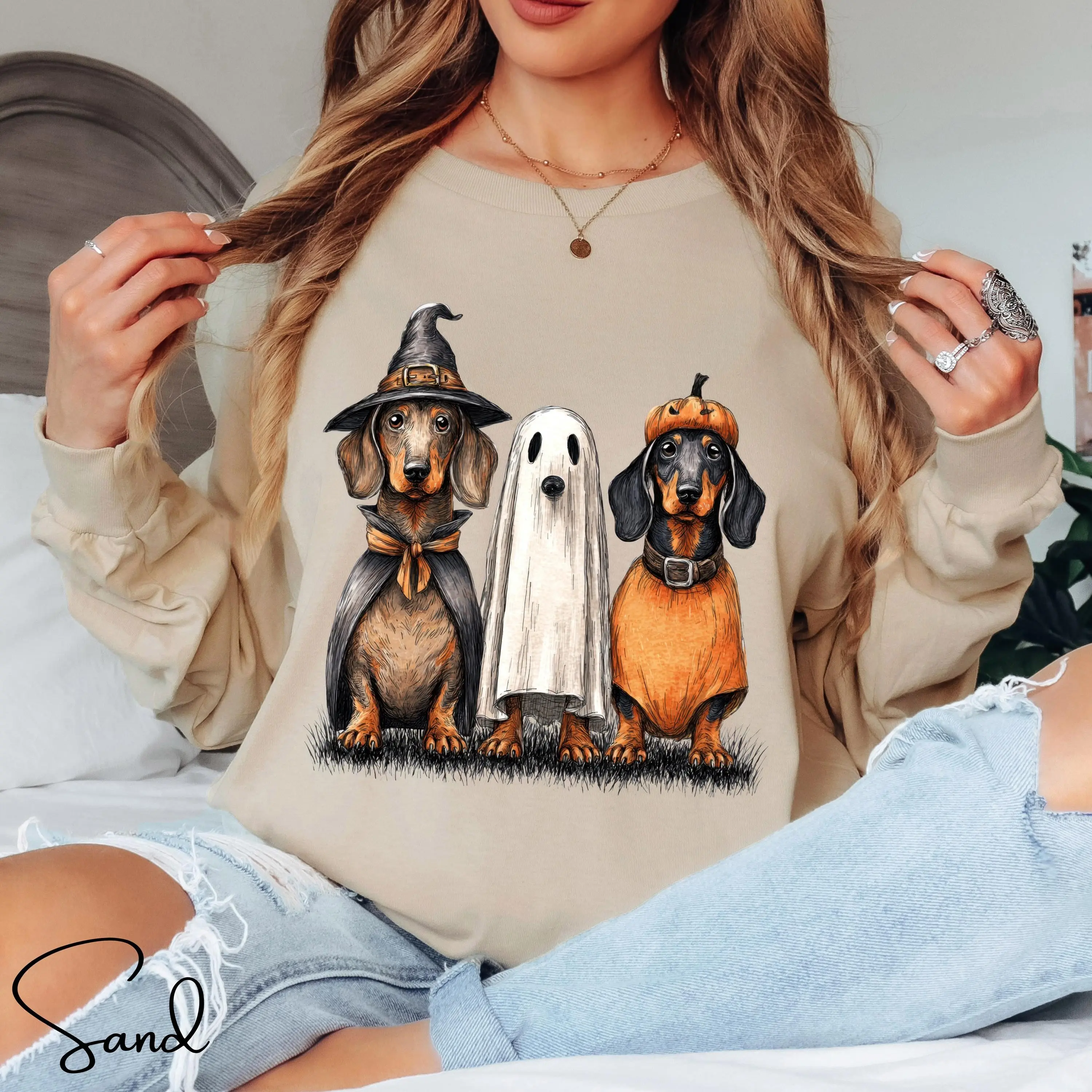 Halloween Dachshund Sweatshirt, Witch Wiener Dog Ghost Top, Spooky Doxie Mom Fall Pullover Gift - photo 4