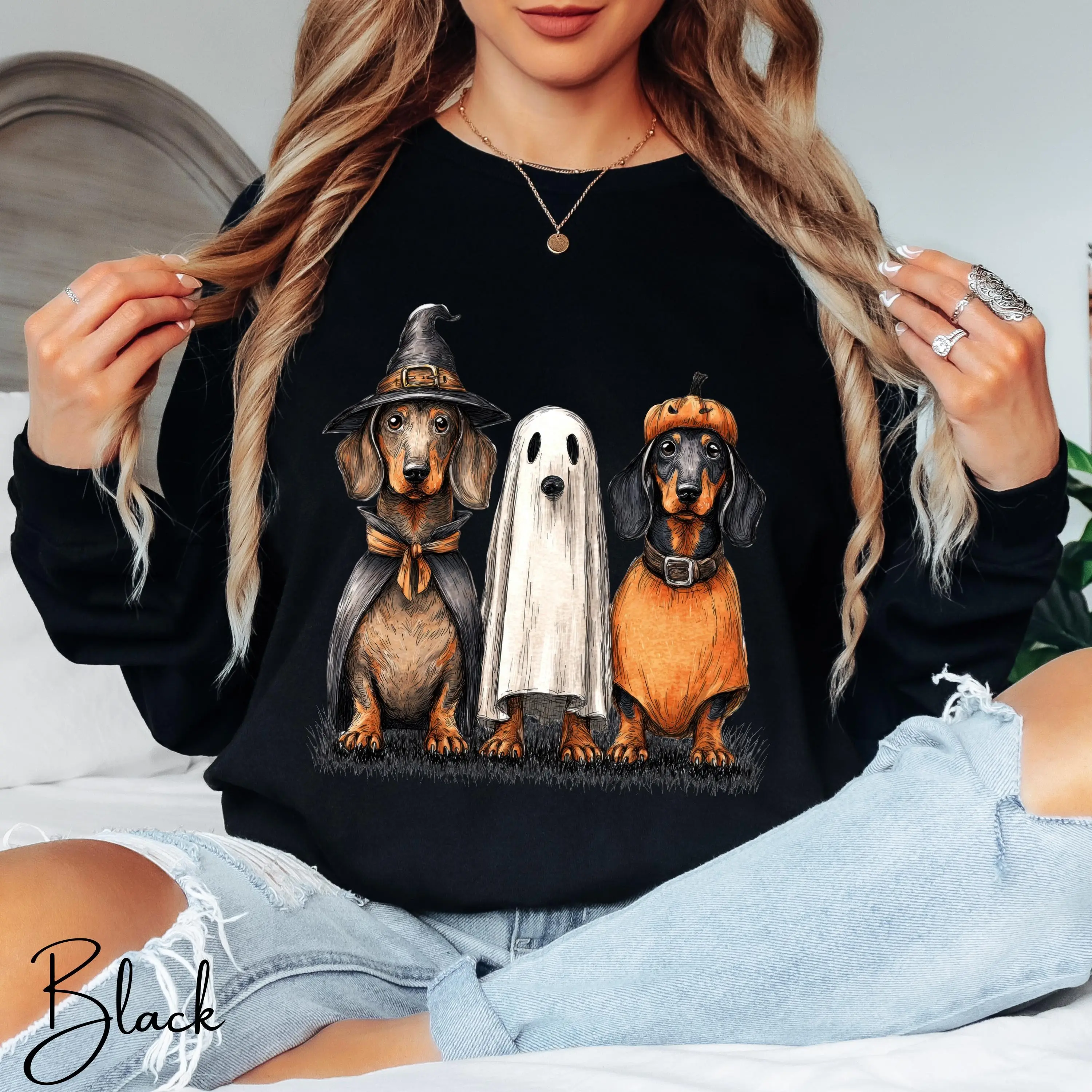 Halloween Dachshund Sweatshirt, Witch Wiener Dog Ghost Top, Spooky Doxie Mom Fall Pullover Gift - photo 5