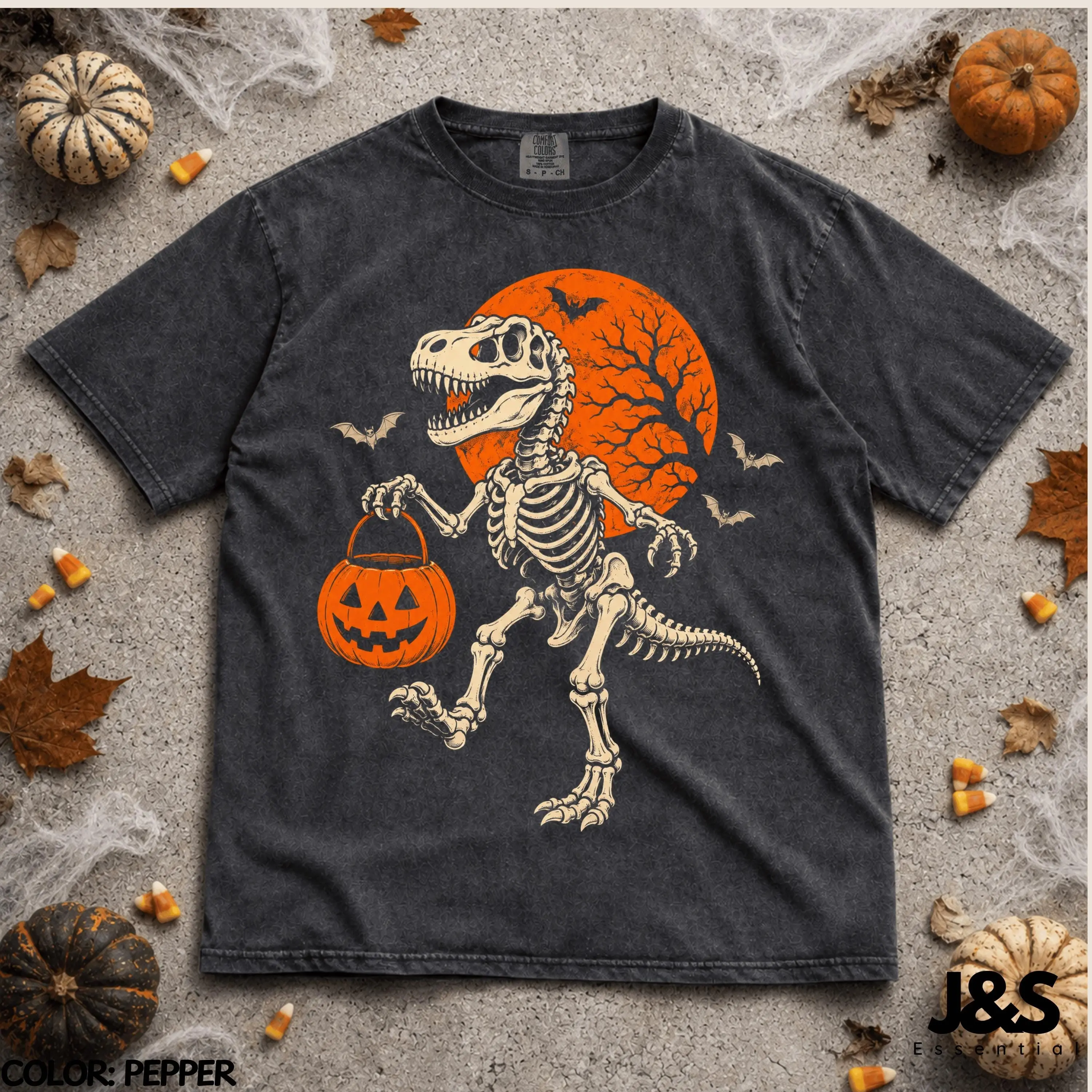 Halloween Dinosaur Shirt, T Rex Skeleton Pumpkin Tee, Spooky Dino Trick Or Treat Vintage Lover Gift