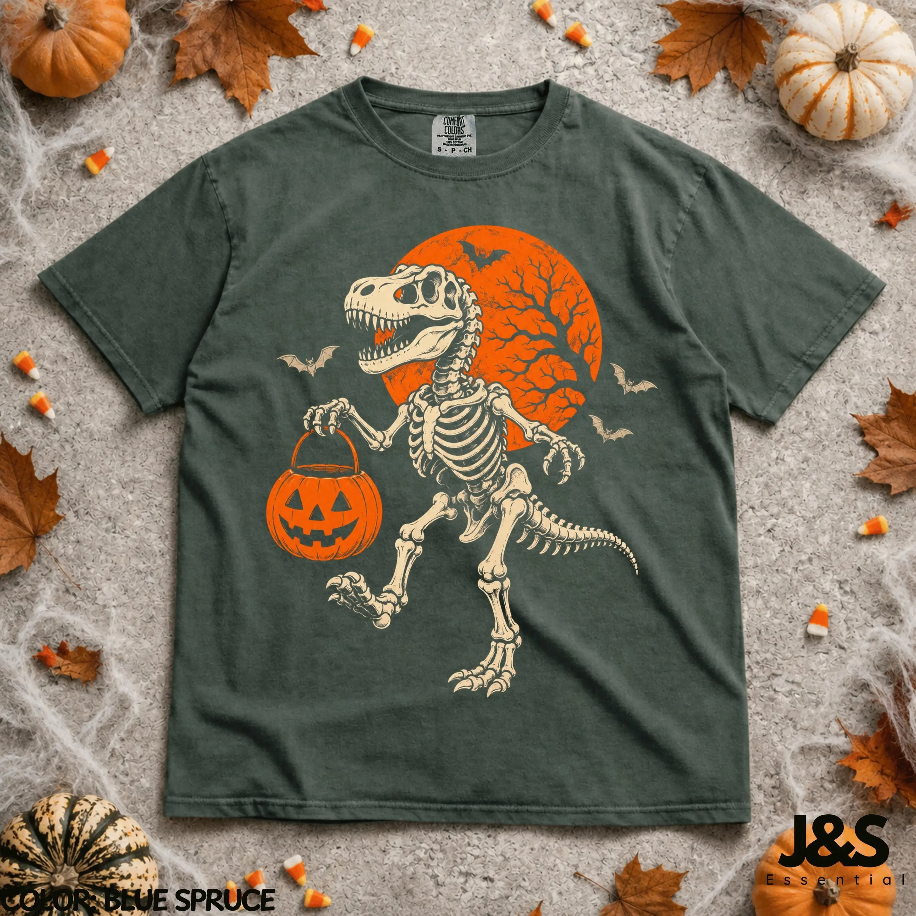 Halloween Dinosaur Shirt, T Rex Skeleton Pumpkin Tee, Spooky Dino Trick Or Treat Vintage Lover Gift - photo 2