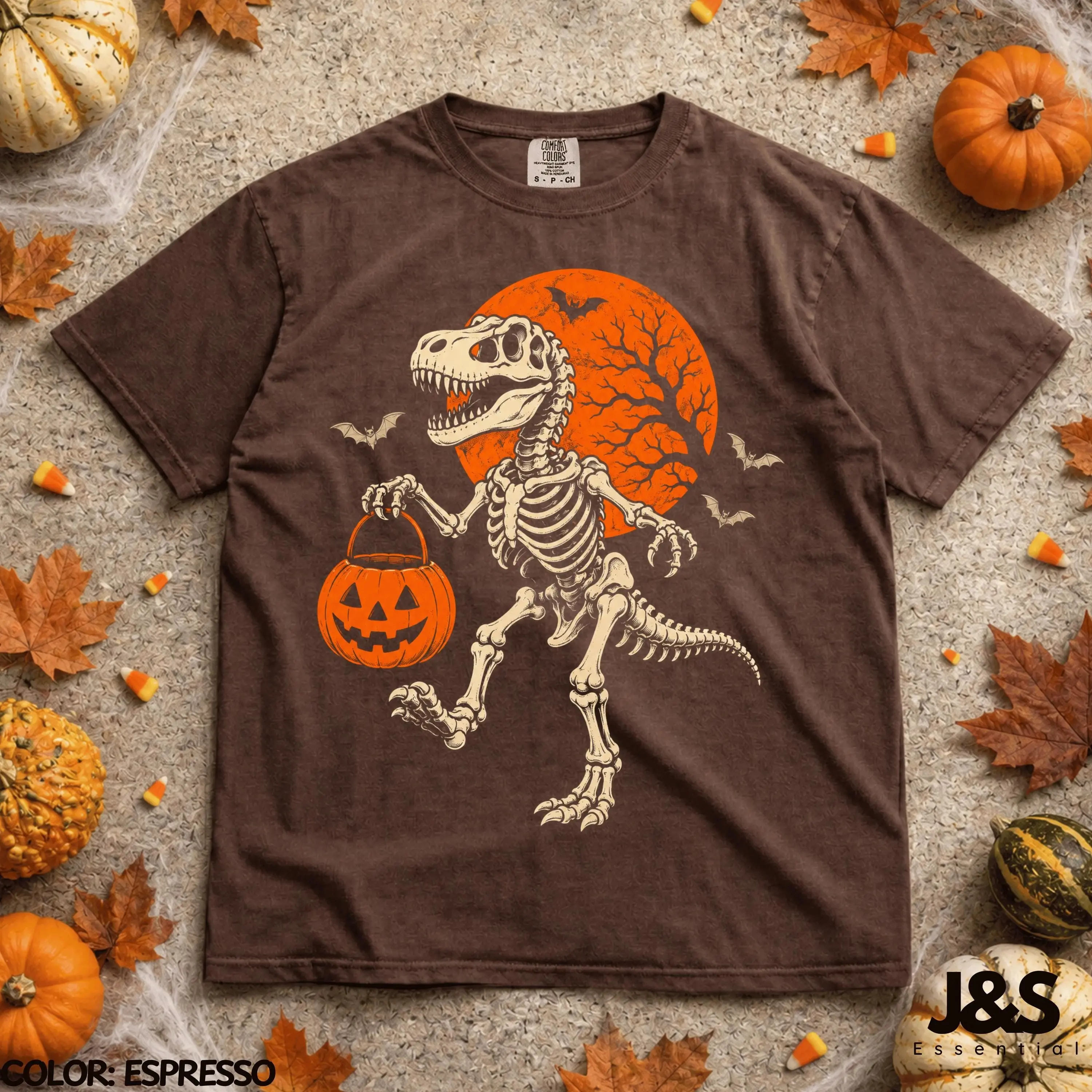 Halloween Dinosaur Shirt, T Rex Skeleton Pumpkin Tee, Spooky Dino Trick Or Treat Vintage Lover Gift - photo 3