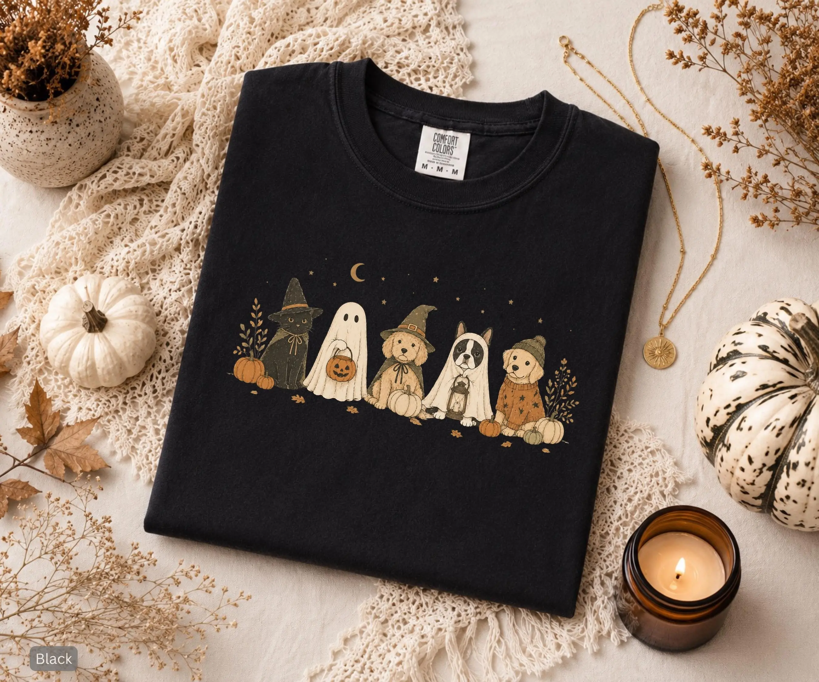 Halloween Dog Cat Shirt for Women, Cozy Fall Pet Lover Tee, Comfort Colors Golden Retriever Bulldog Doodle Graphic Top
