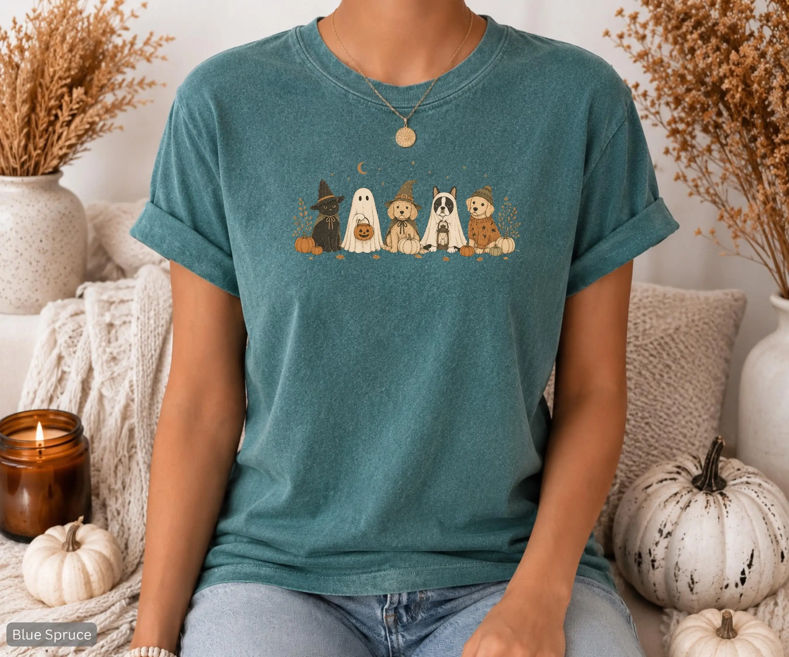 Halloween Dog Cat Shirt for Women, Cozy Fall Pet Lover Tee, Comfort Colors Golden Retriever Bulldog Doodle Graphic Top - photo 4