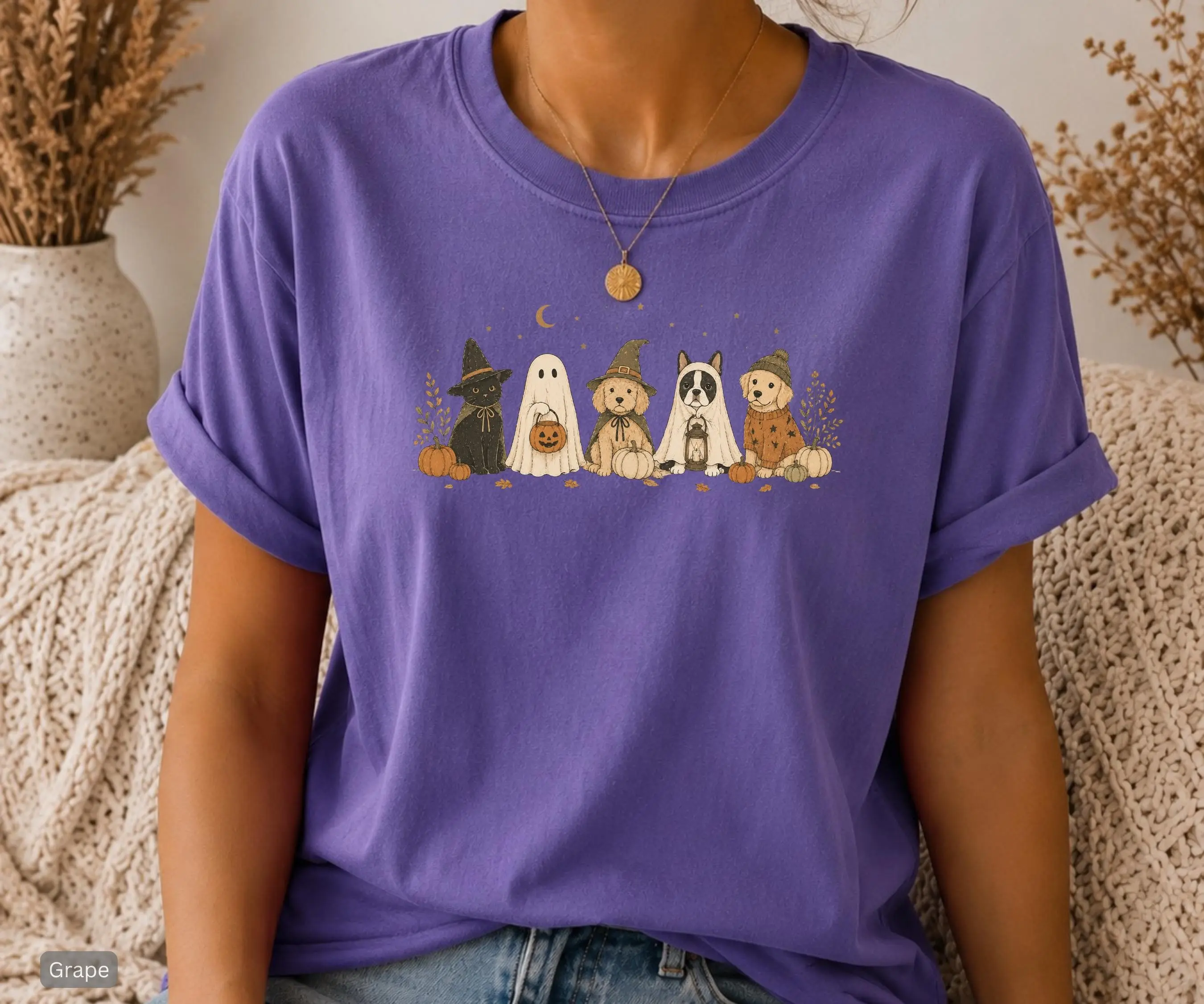 Halloween Dog Cat Shirt for Women, Cozy Fall Pet Lover Tee, Comfort Colors Golden Retriever Bulldog Doodle Graphic Top - photo 5