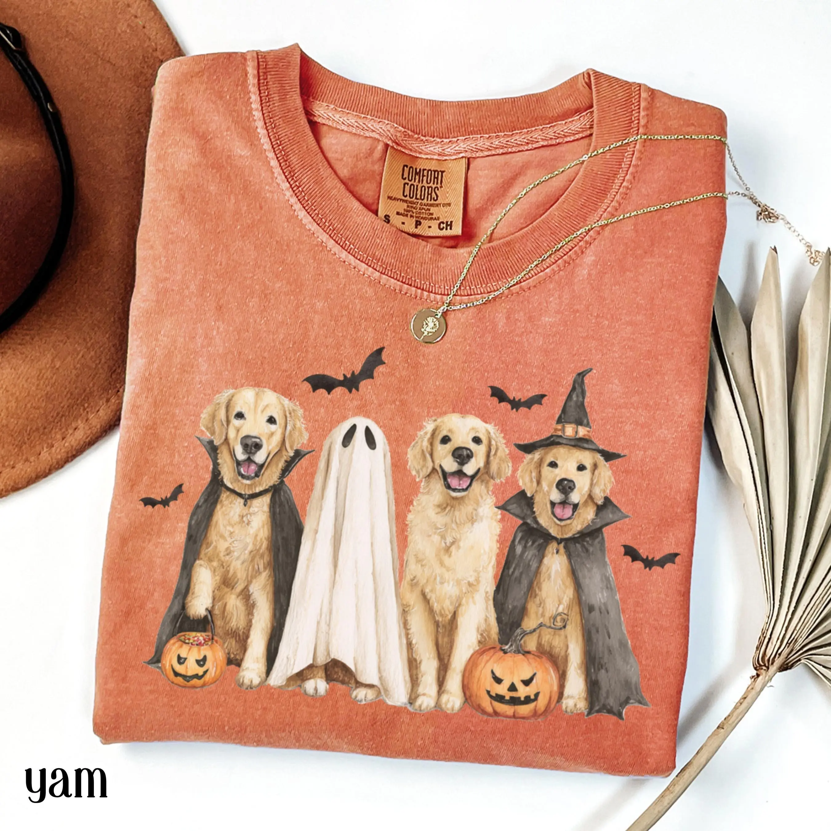 Halloween Dog Comfort Colors Shirt, Pumpkin Golden Retriever Ghost Jackolantern Fall Spooky Season Tee, Cute Bat Lover