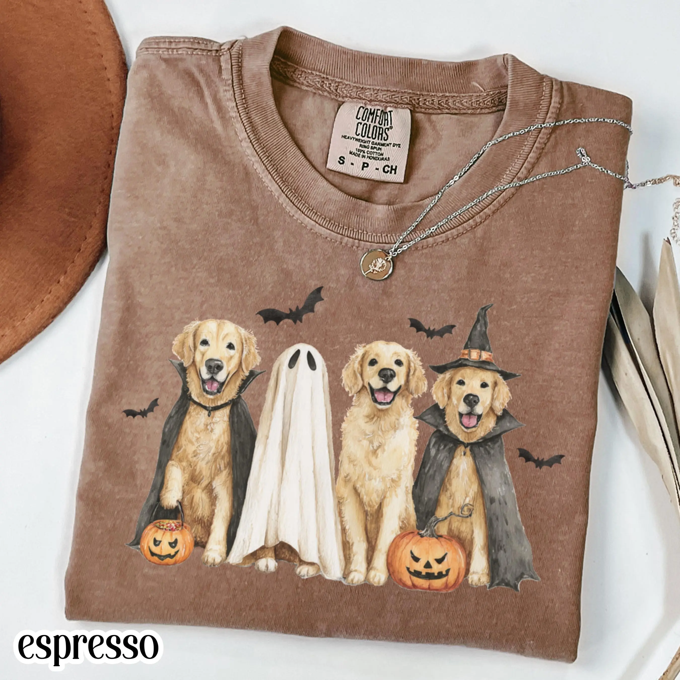 Halloween Dog Comfort Colors Shirt, Pumpkin Golden Retriever Ghost Jackolantern Fall Spooky Season Tee, Cute Bat Lover - photo 2