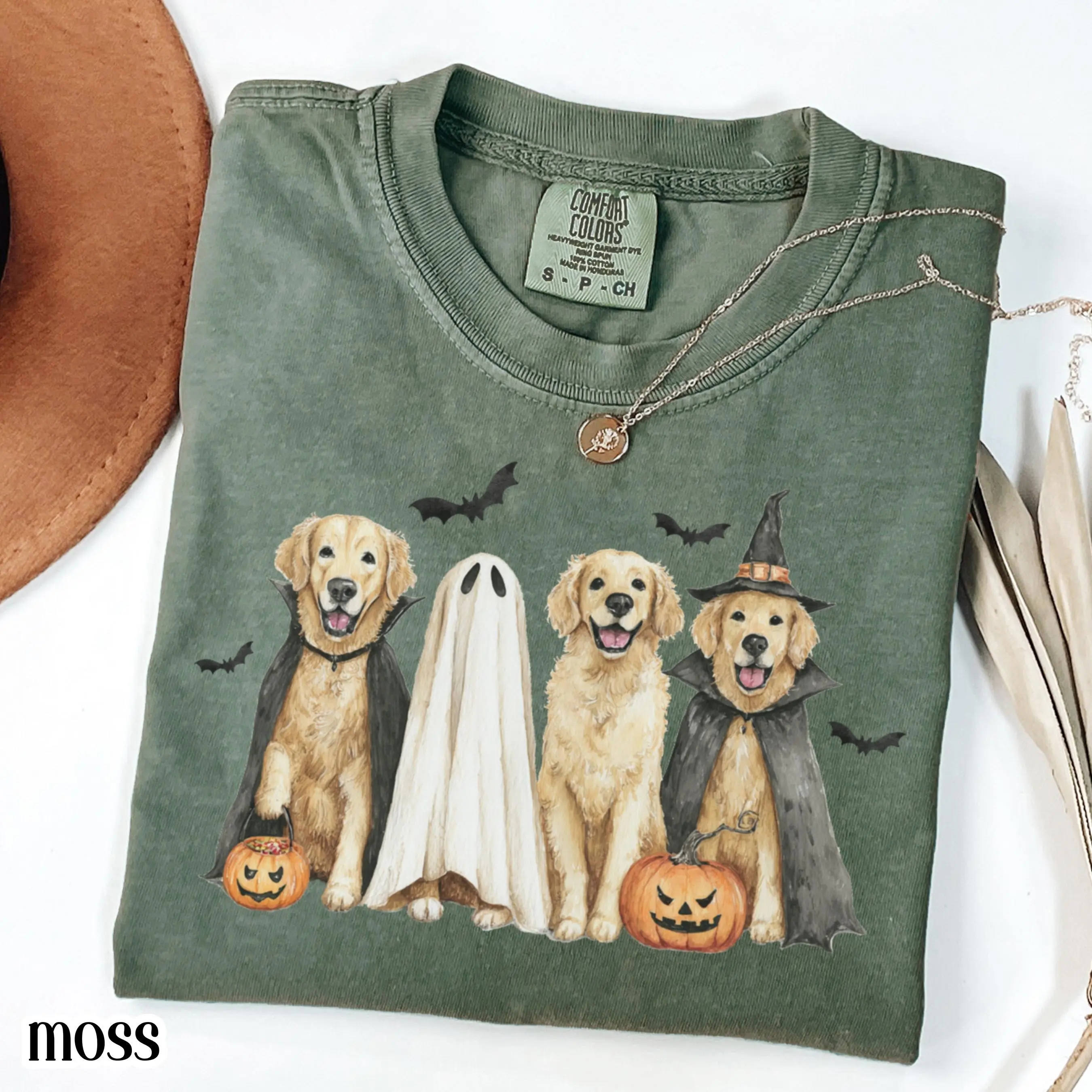 Halloween Dog Comfort Colors Shirt, Pumpkin Golden Retriever Ghost Jackolantern Fall Spooky Season Tee, Cute Bat Lover - photo 3