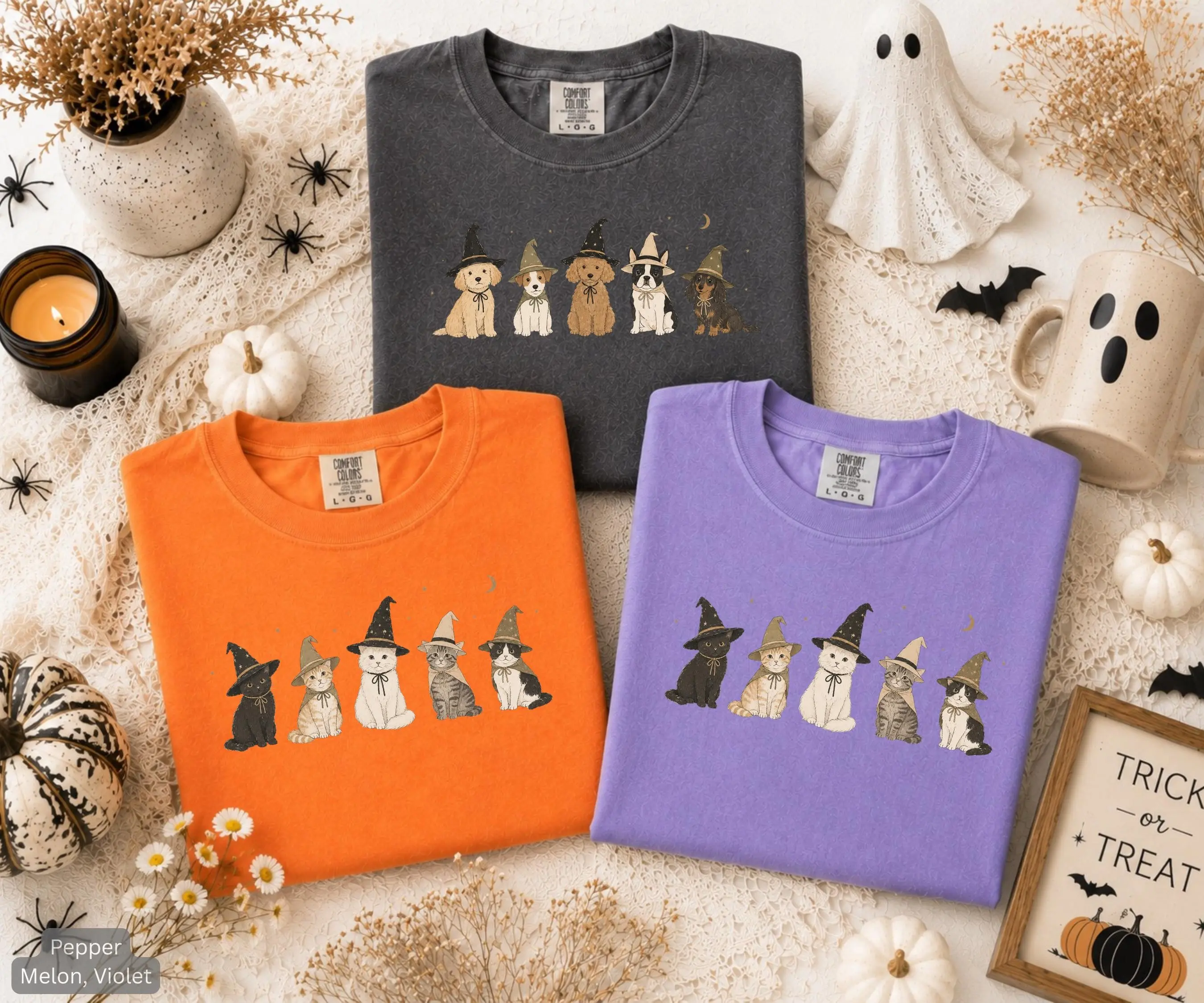 Halloween Dog and Cat Shirt, Pet Lover Witch Costume Tee, Comfort Colors Womens Fall Graphic Top for Mom - photo 3